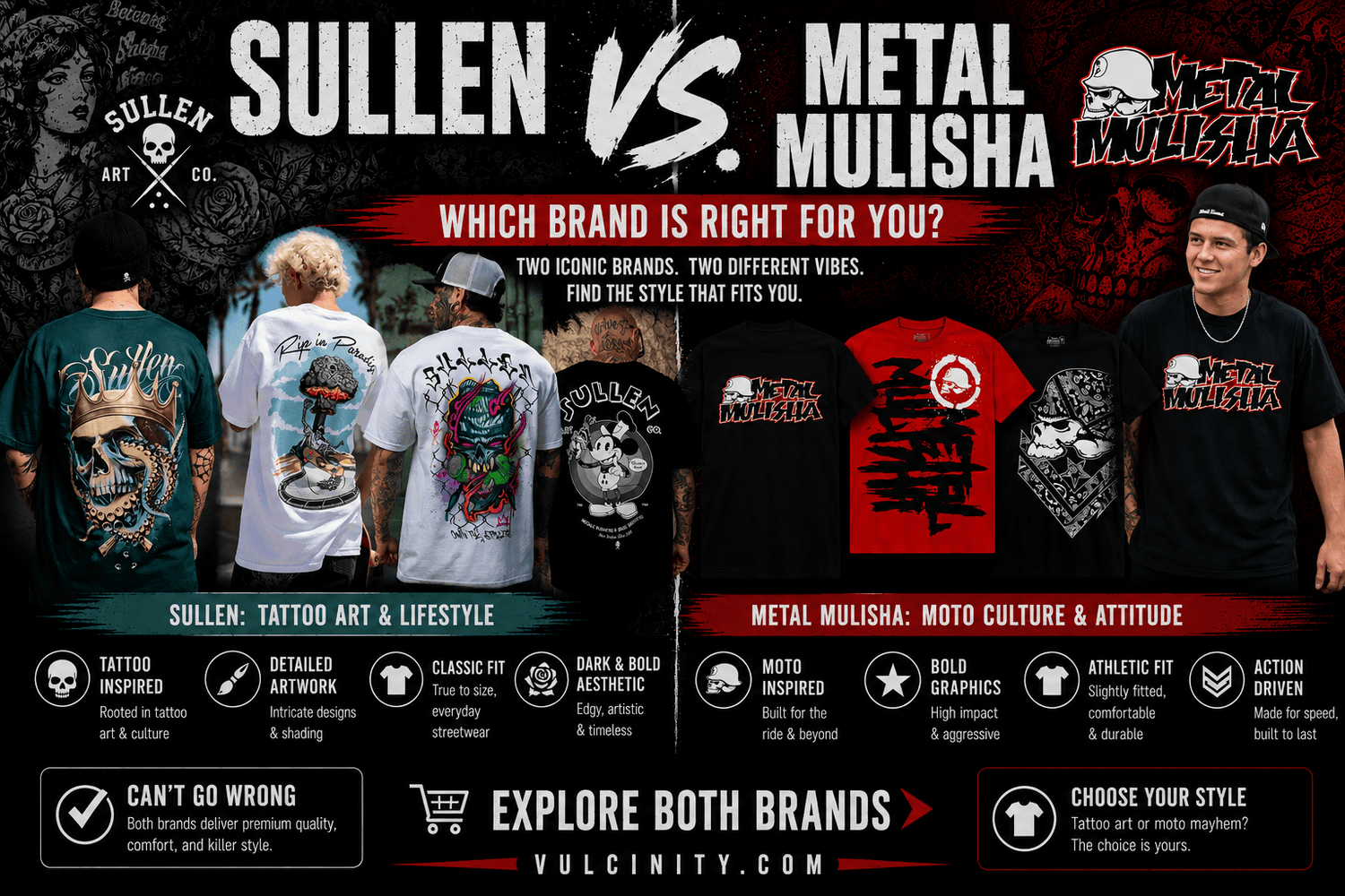 Sullen vs Metal Mulisha comparison featuring tattoo-inspired and moto-style graphic apparel