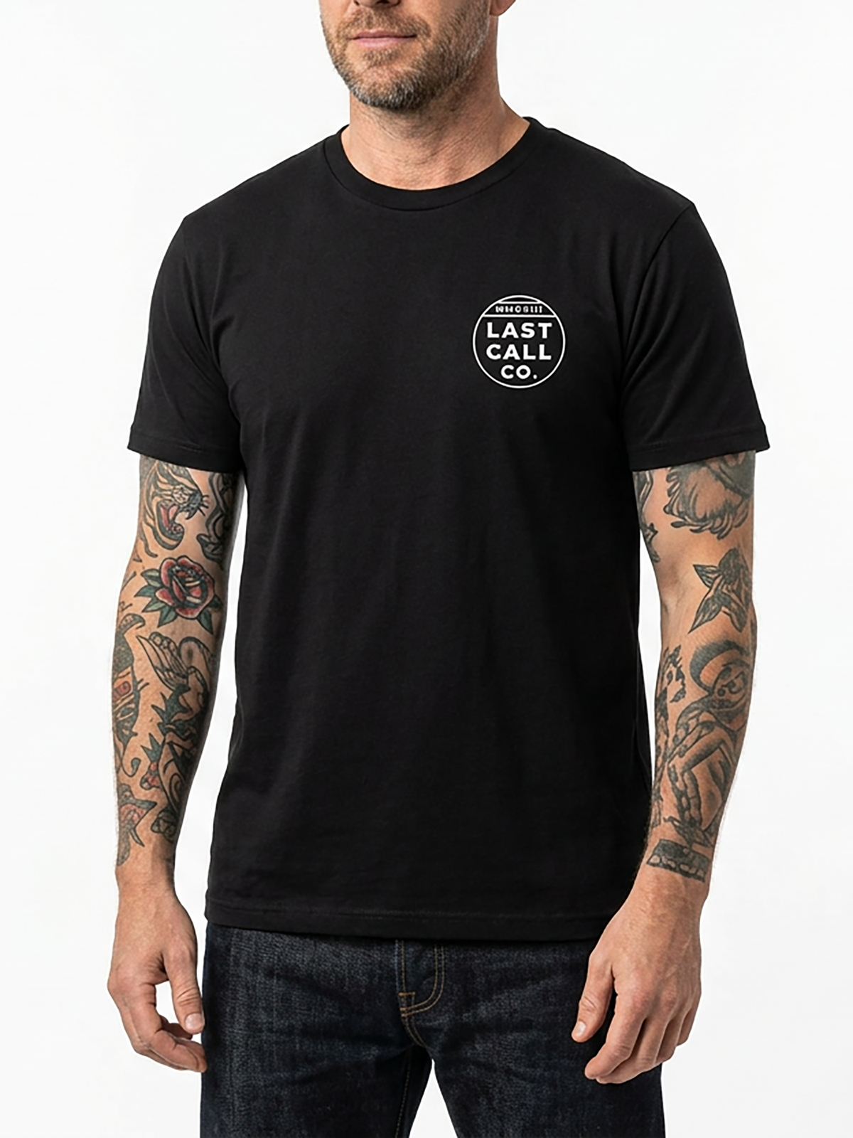 Last Call Co Answer Graphic T-Shirt Black on-model front view showing the chest graphic