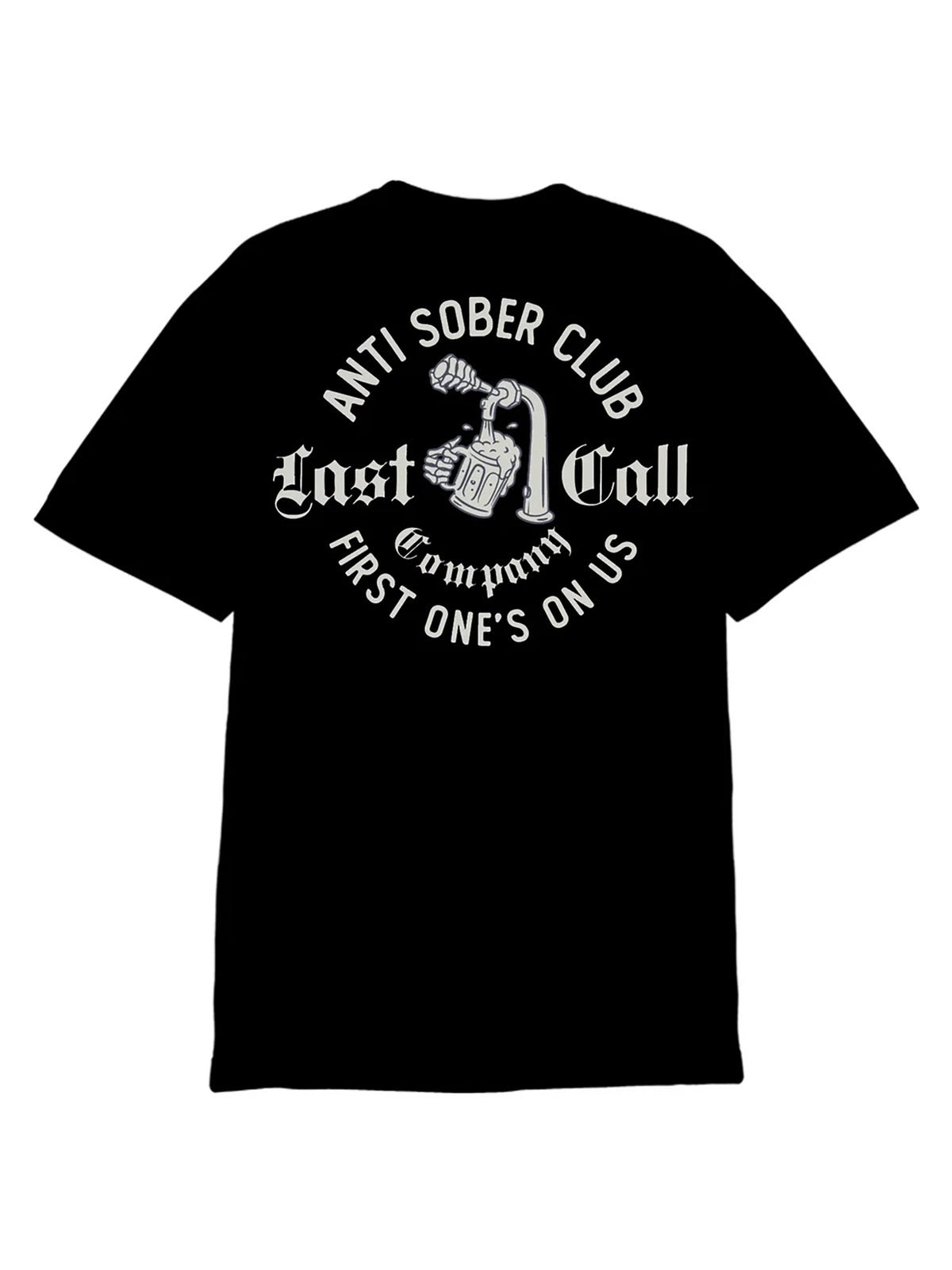 Last Call Co Anti Sober Badge Graphic T-Shirt Black flat back view featuring skeleton tombstone and Anti Sober Club artwork
