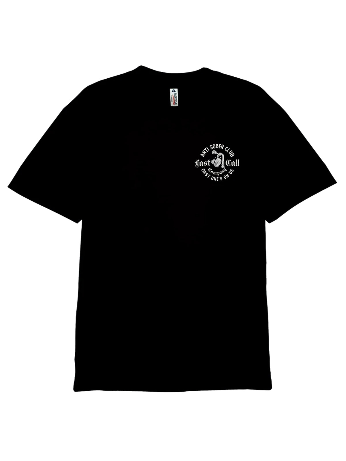 Last Call Co Anti Sober Badge Graphic T-Shirt Black flat front view showing the chest graphic
