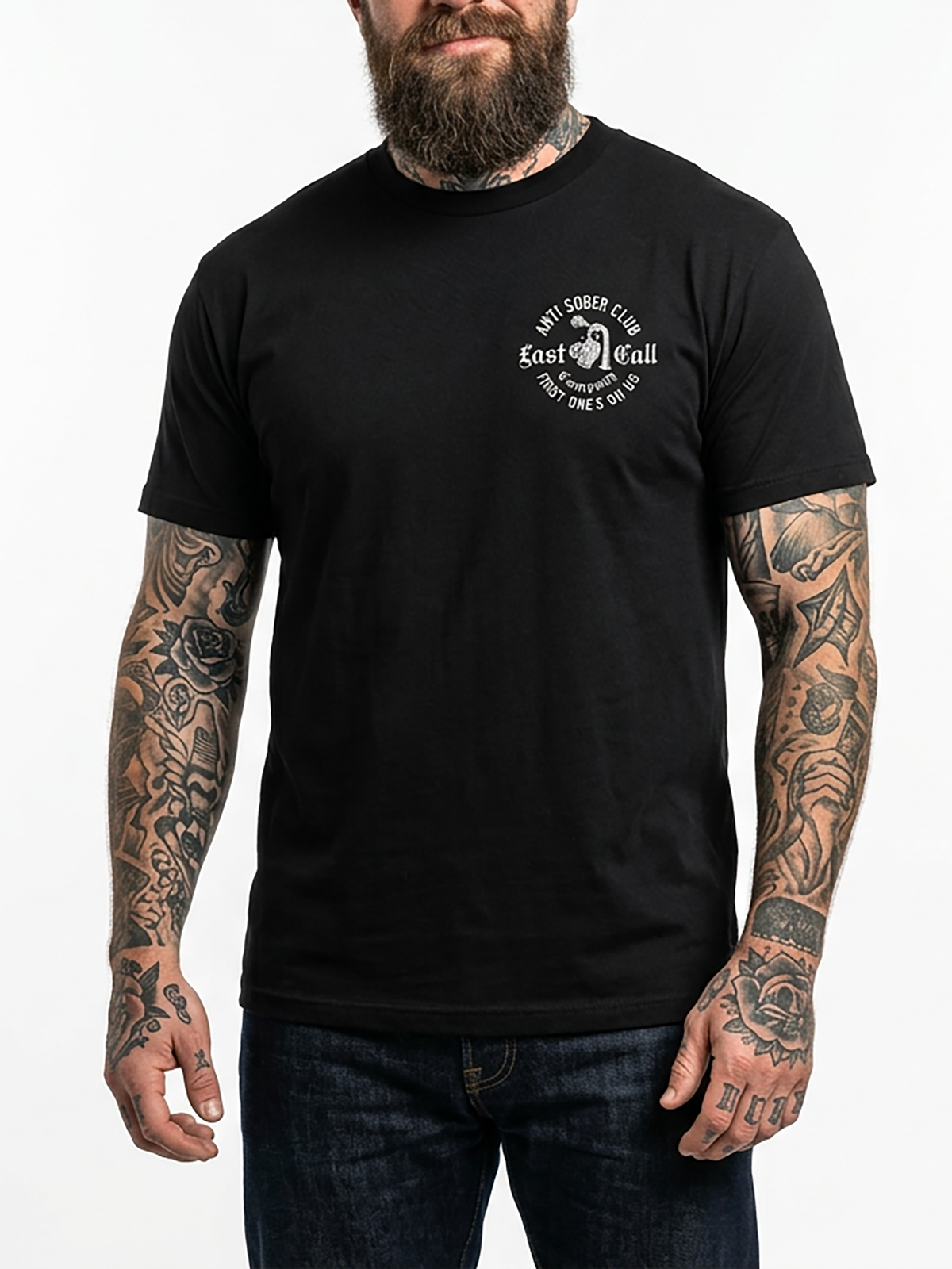 Last Call Co Anti Sober Badge Graphic T-Shirt Black on-model front view showing the chest graphic
