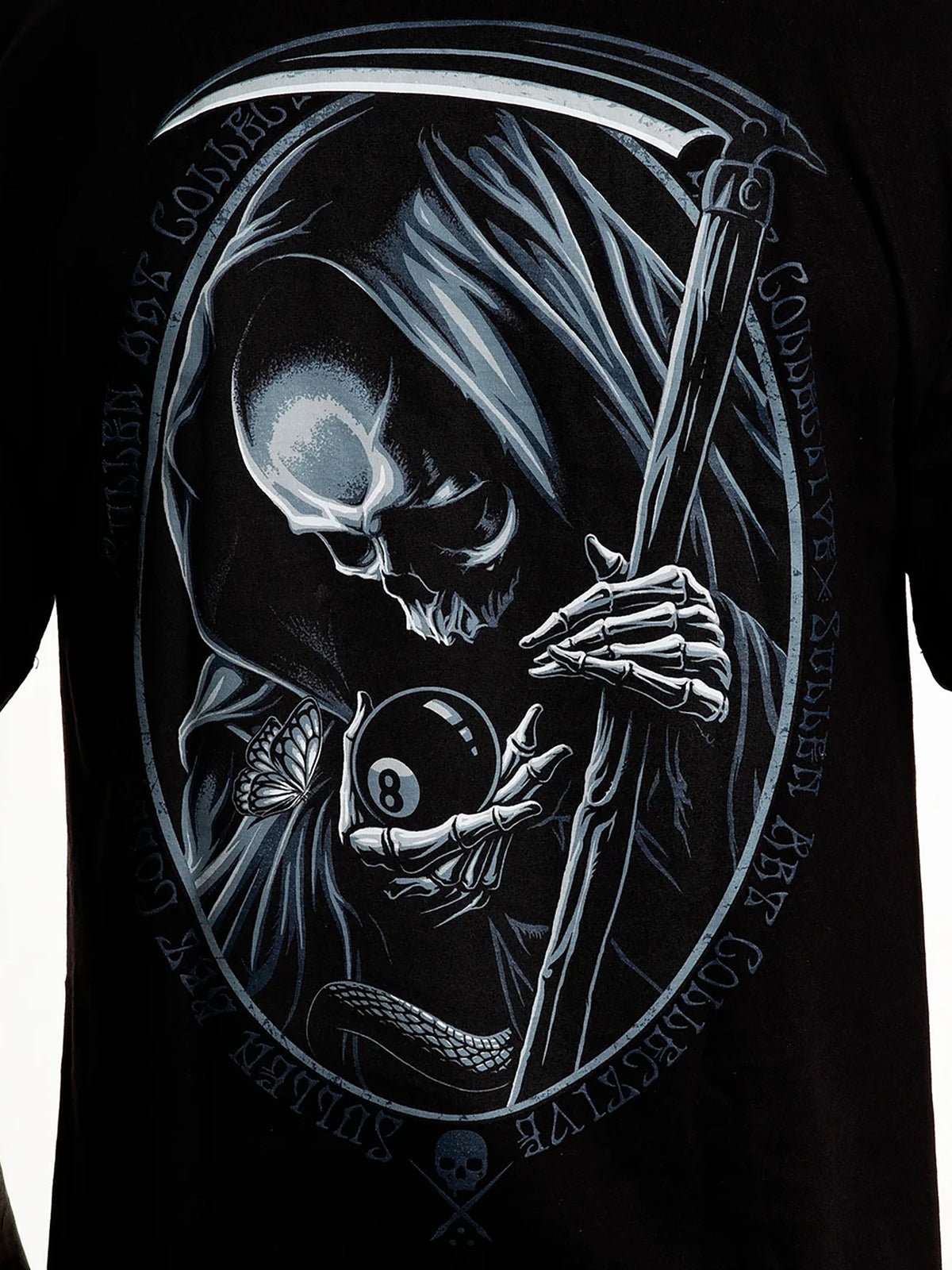 Close-up of the grim reaper holding an 8 ball on the Sullen Behind the 8 T-shirt