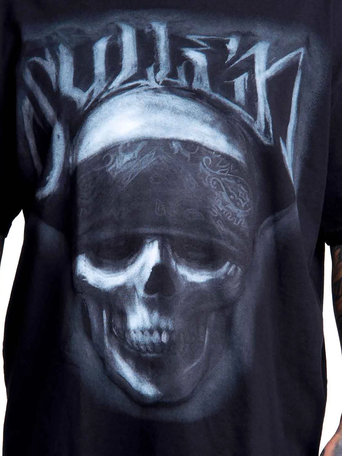 Close-up of charcoal skull graphic on Jet Black Sullen Bone Thug 1 Ton T-shirt