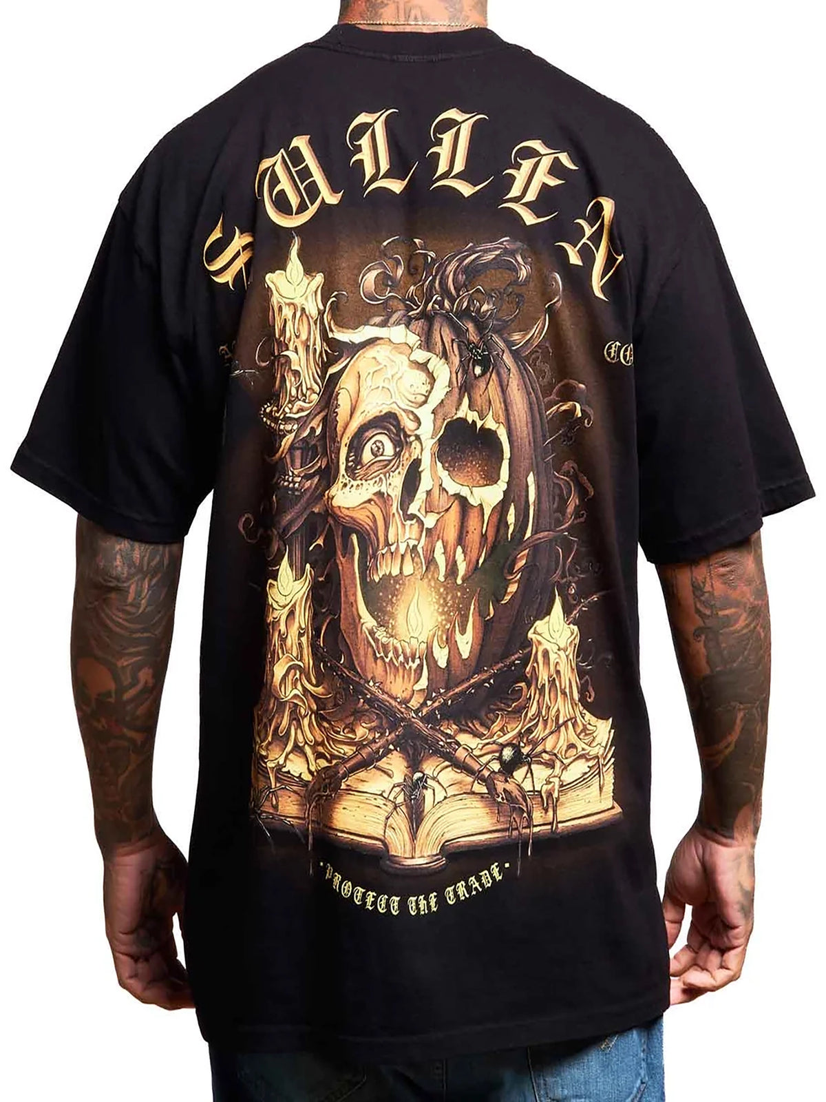 Back view of Sullen Boo 1 Ton T-shirt in Jet Black with candlelit jack-o-lantern artwork