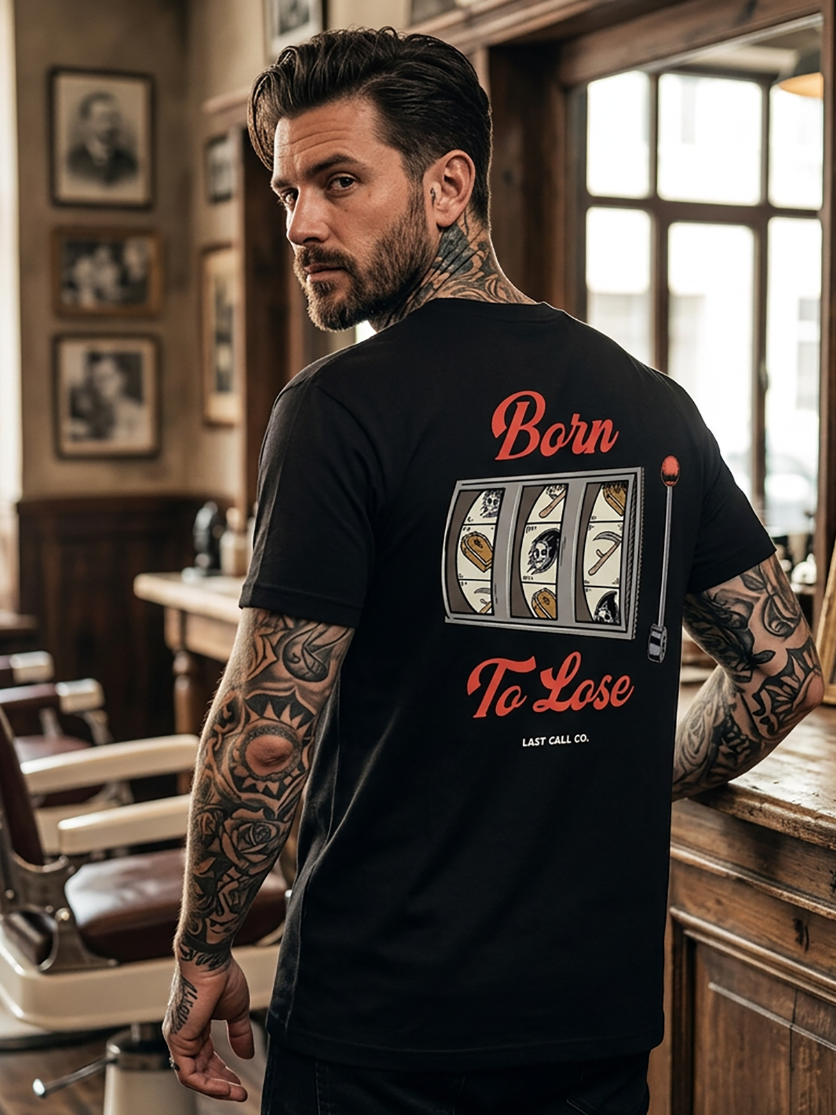 Last Call Co Born to Lose Graphic T-Shirt Black lifestyle back view featuring slot machine, coffin, and grim reaper Born to Lose back graphic