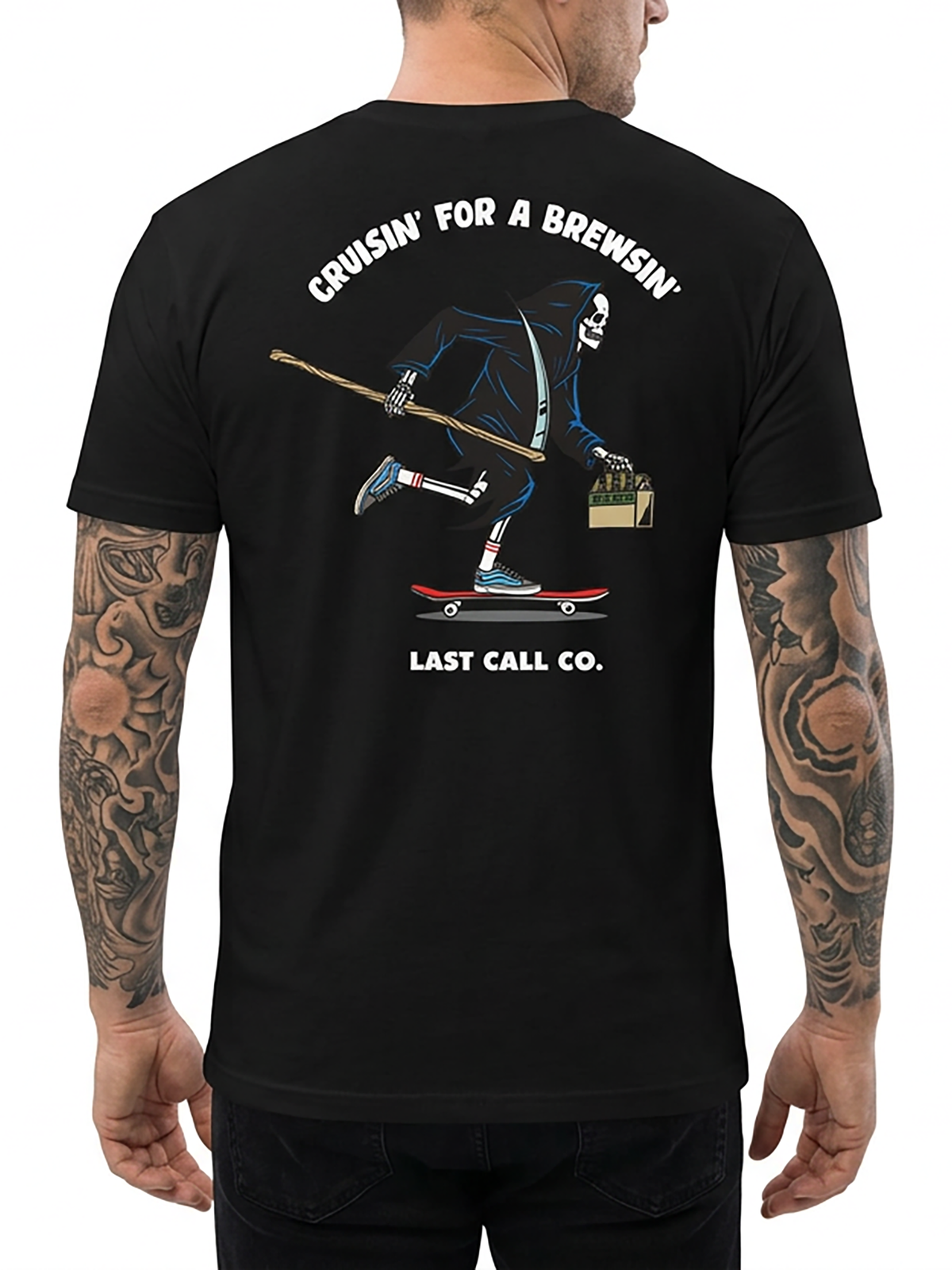 Last Call Co Brewsin' Graphic T-Shirt Black on-model back view featuring beer-themed Brewsin' back graphic