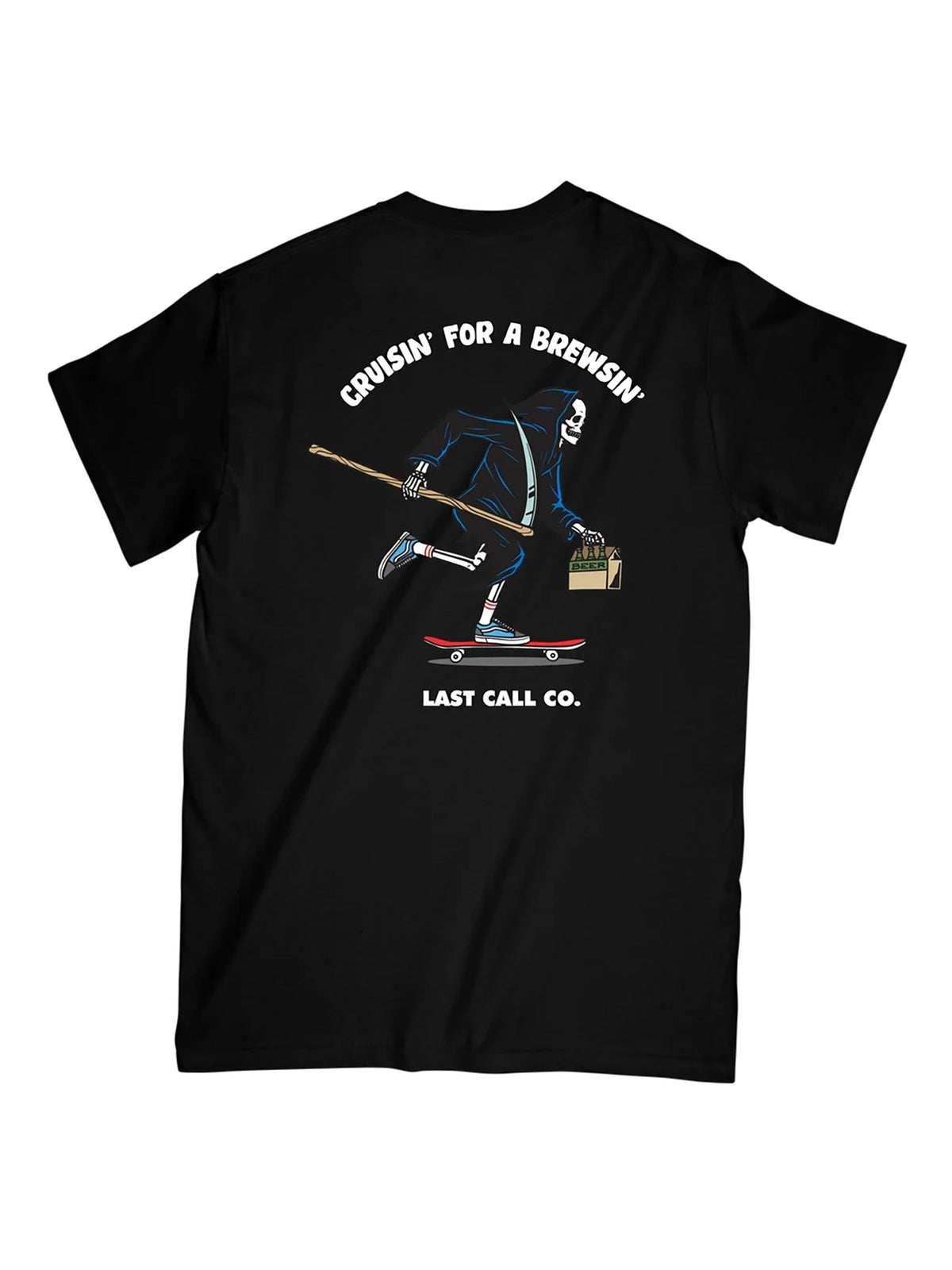 Last Call Co Brewsin' Graphic T-Shirt Black flat back view featuring beer-themed Brewsin' artwork