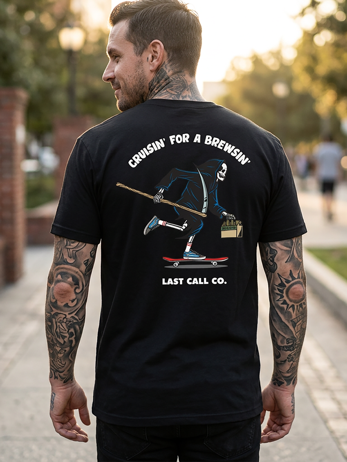 Last Call Co Brewsin' Graphic T-Shirt Black lifestyle back view featuring beer-themed Brewsin' back graphic