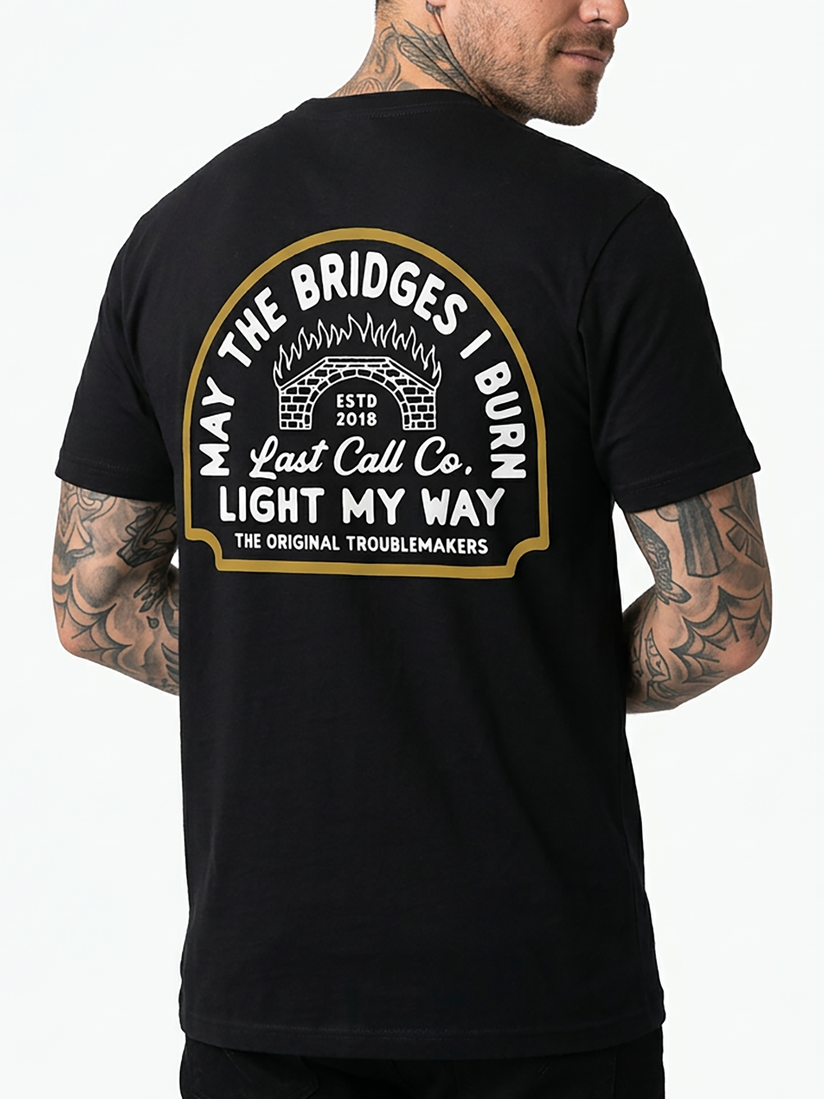 Last Call Co Burn Badge Graphic T-Shirt Black on-model back view featuring grim reaper and Burn the Bridges Behind You back graphic