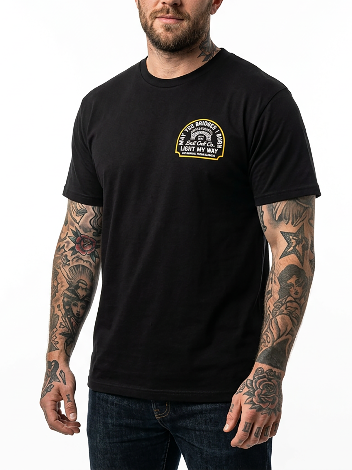Last Call Co Burn Badge Graphic T-Shirt Black on-model front view showing the chest graphic