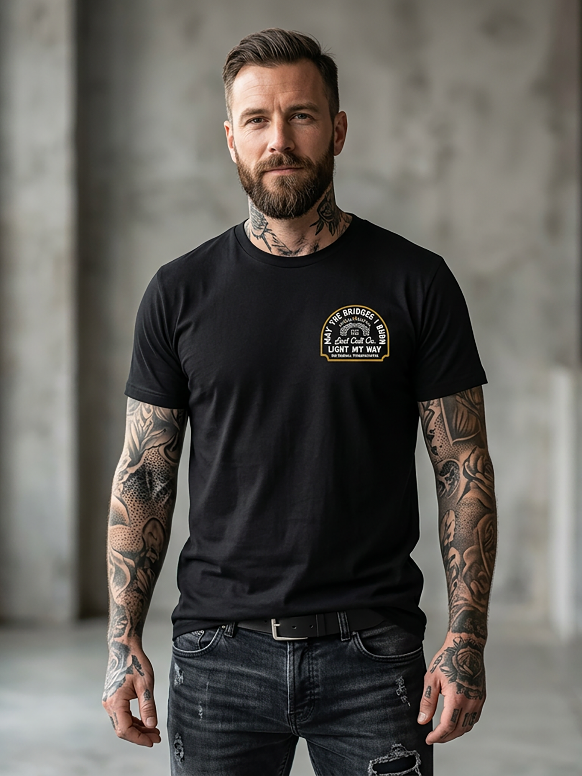 Last Call Co Burn Badge Graphic T-Shirt Black lifestyle front view showing the chest graphic