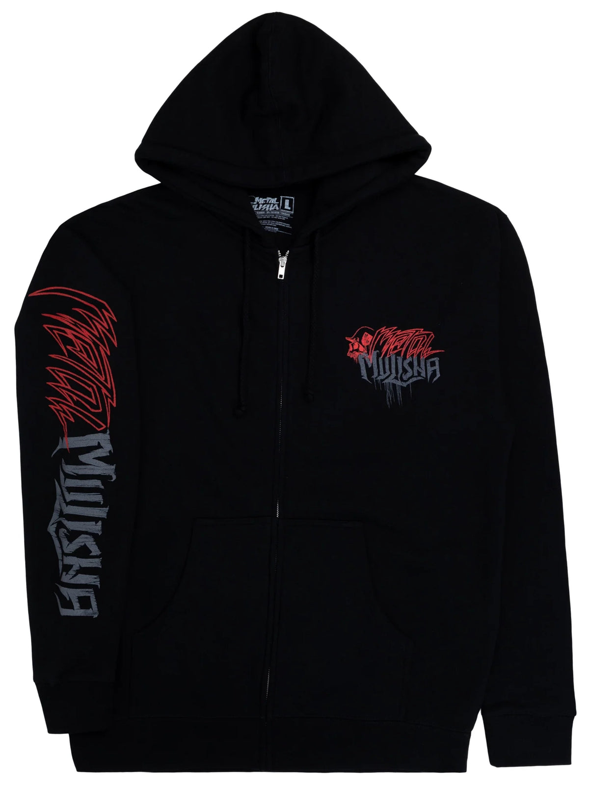 Angled front view of Metal Mulisha men's Clarify Heavy Zip Hoodie showing the red and gray sleeve graphic