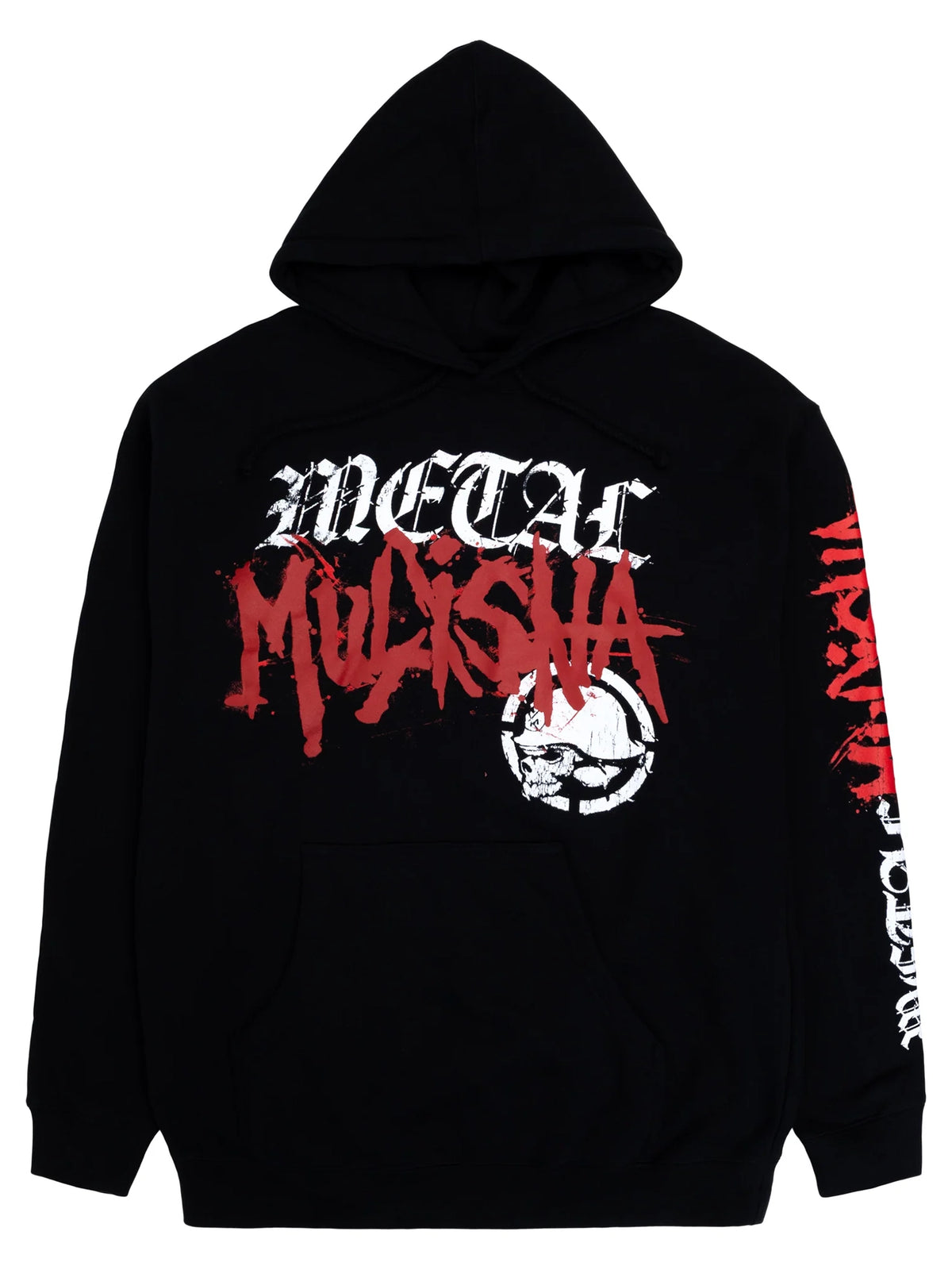 Metal Mulisha Defaced black pullover hoodie, front view with white and red lettering, helmet skull and sleeve graphics
