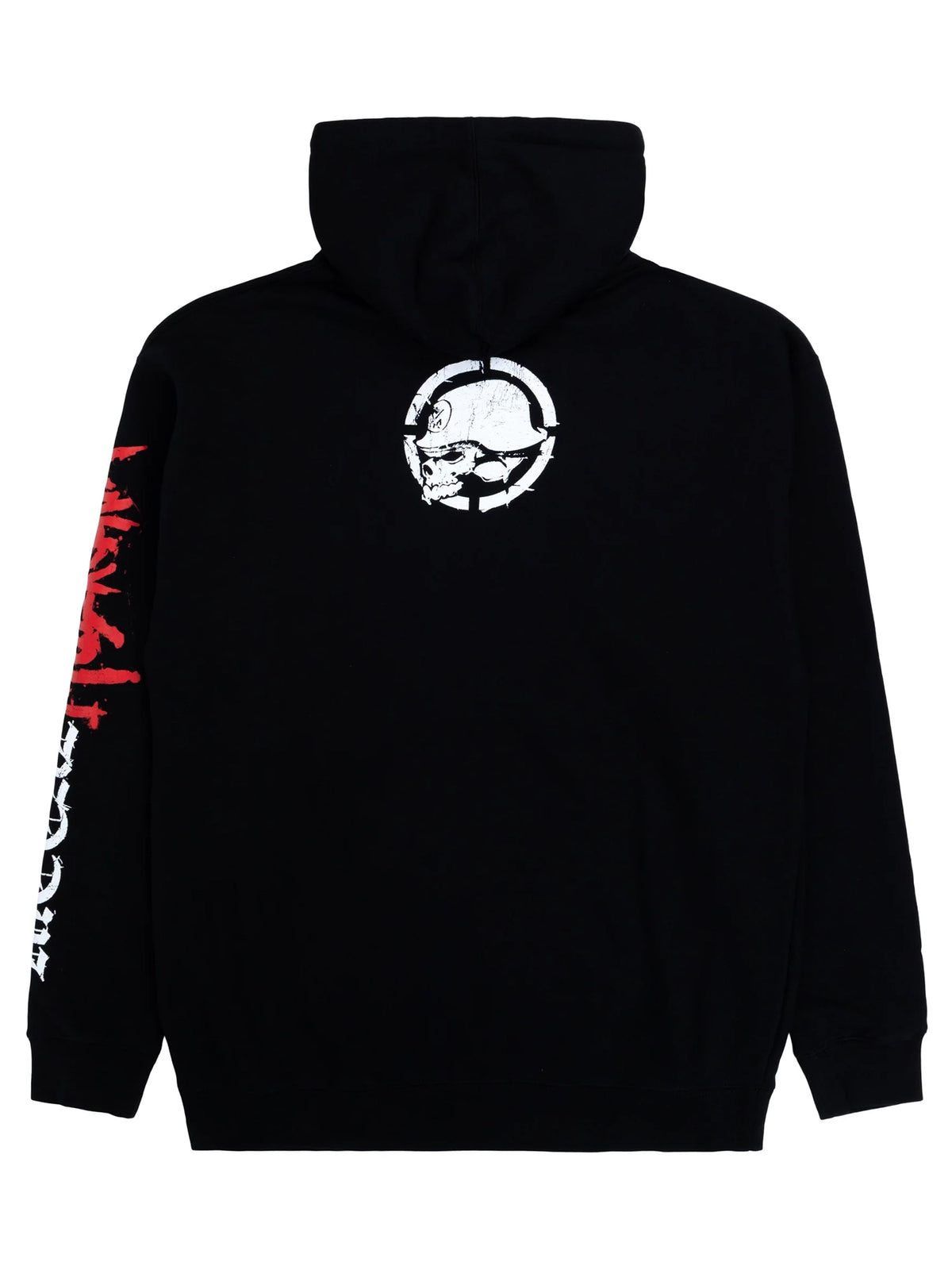 Metal Mulisha Defaced black pullover hoodie, back view with a small white helmet skull below the hood