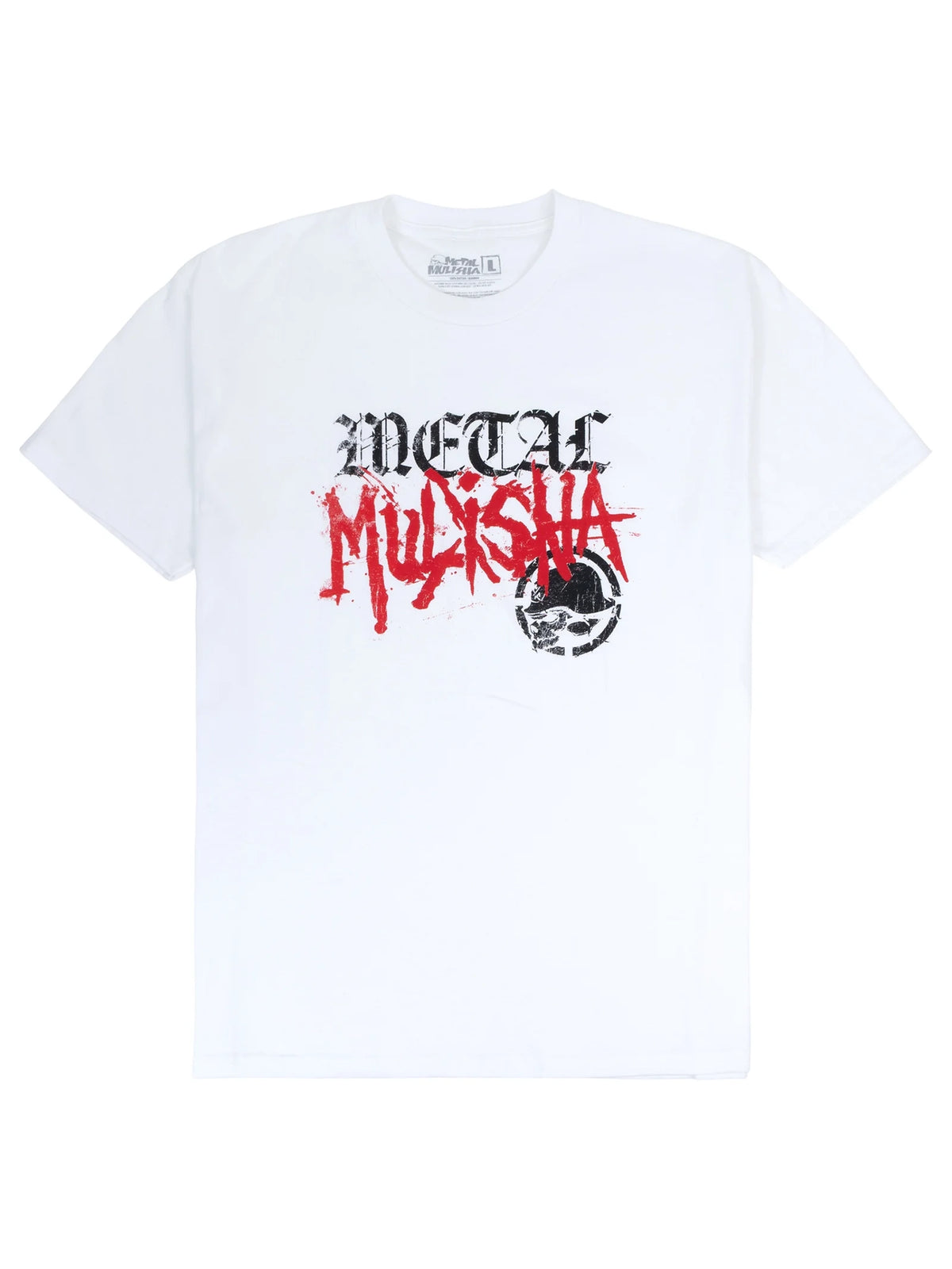 Metal Mulisha Defaced T-shirt in white, front view with black lettering, red graffiti-style logo and helmet skull graphic