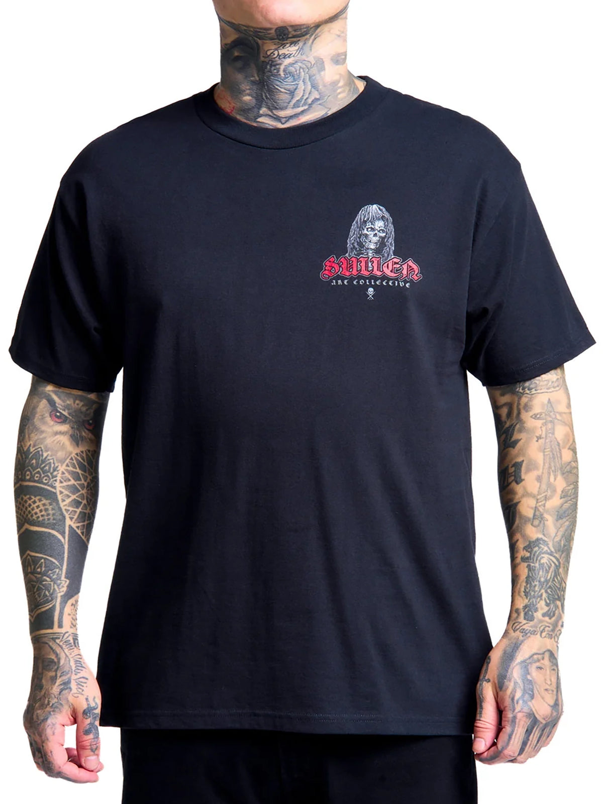 Front view of the Sullen Divine Reaper black T-shirt with a small hooded skull chest graphic