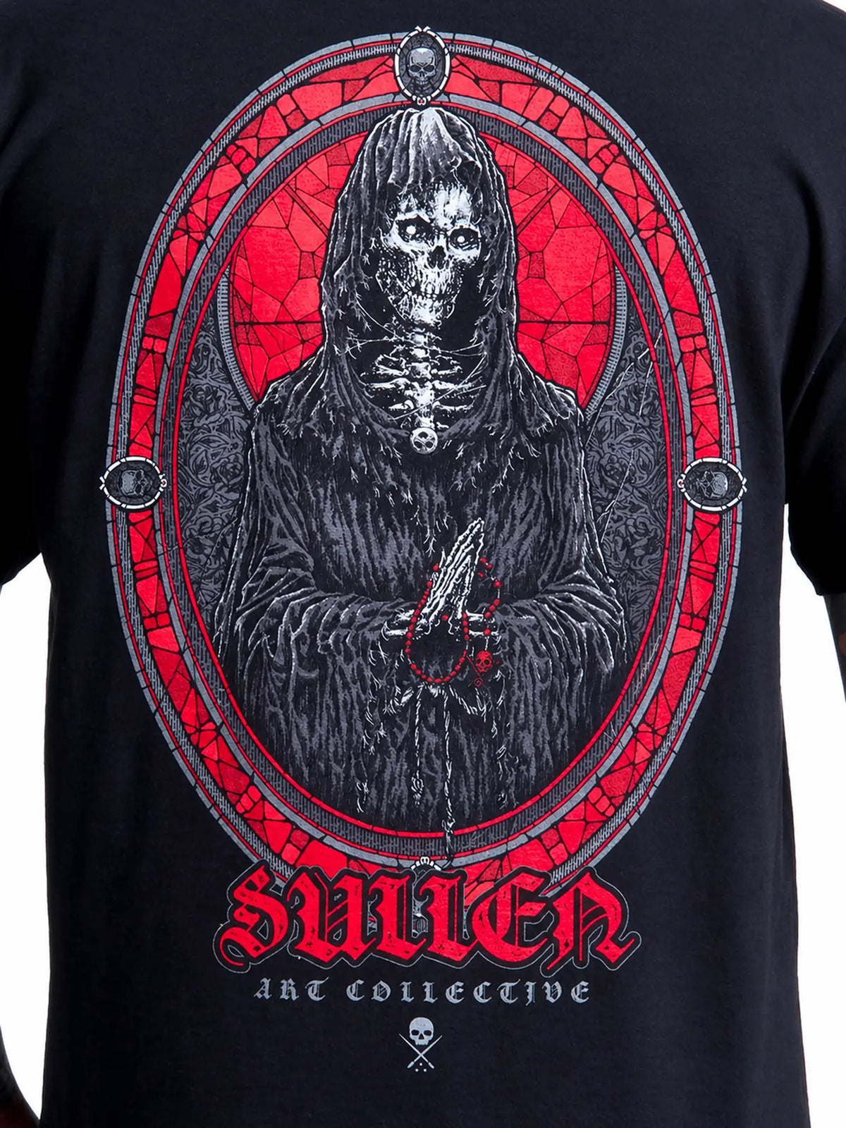 Centered close-up of the Sullen Divine Reaper stained-glass grim reaper back graphic