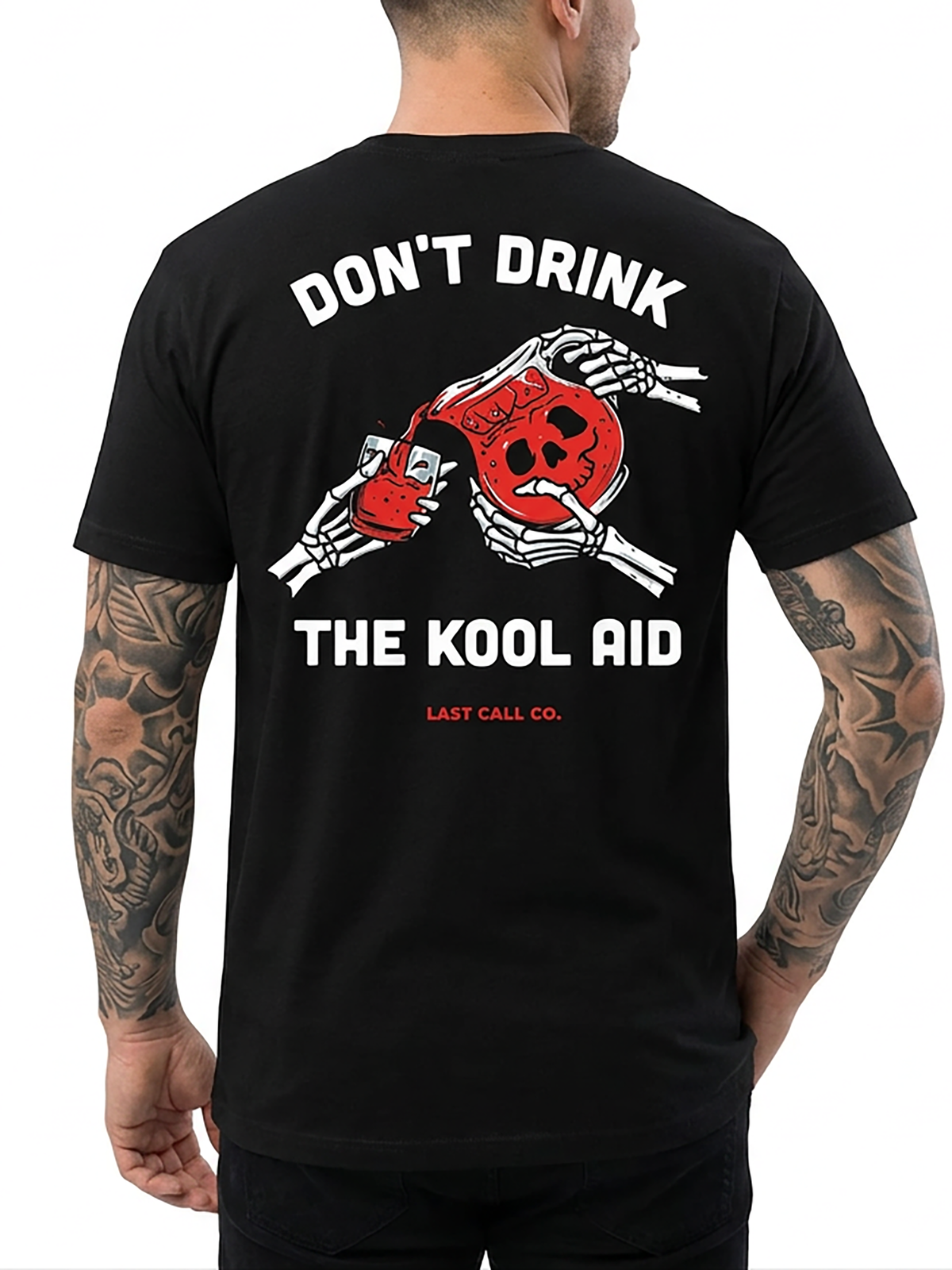Last Call Co Don't Drink Graphic T-Shirt Black on-model back view featuring skeleton drinking from a bottle and Don't Drink So Much Today back graphic