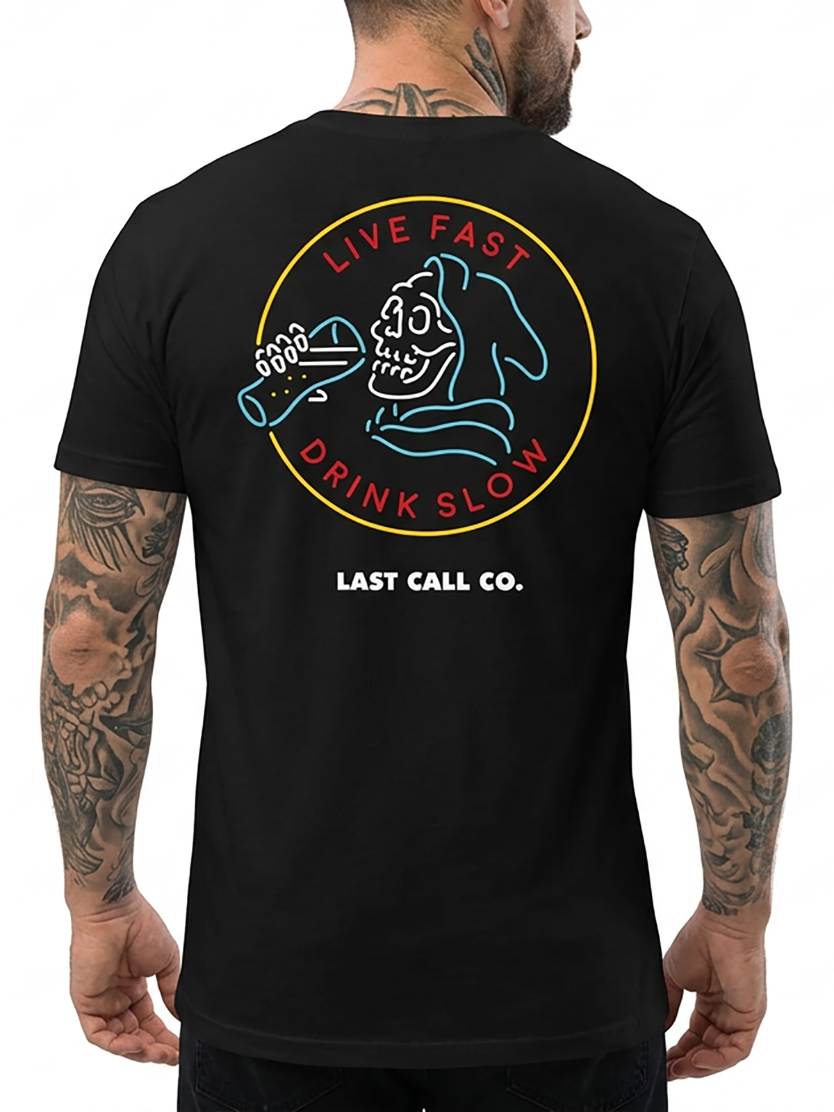 Last Call Co Drink Slow Graphic T-Shirt Black on-model back view featuring skeleton and Drink Slow back graphic