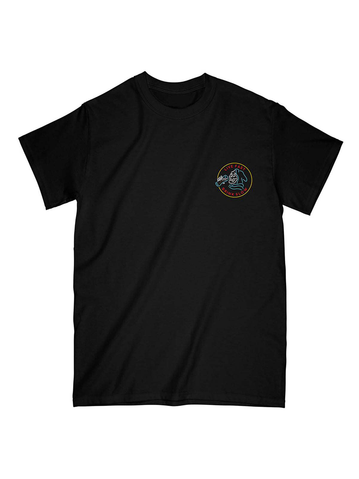 Last Call Co Drink Slow Graphic T-Shirt Black flat front view showing the chest graphic