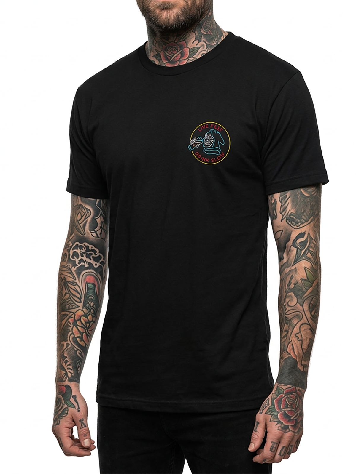 Last Call Co Drink Slow Graphic T-Shirt Black on-model front view showing the chest graphic