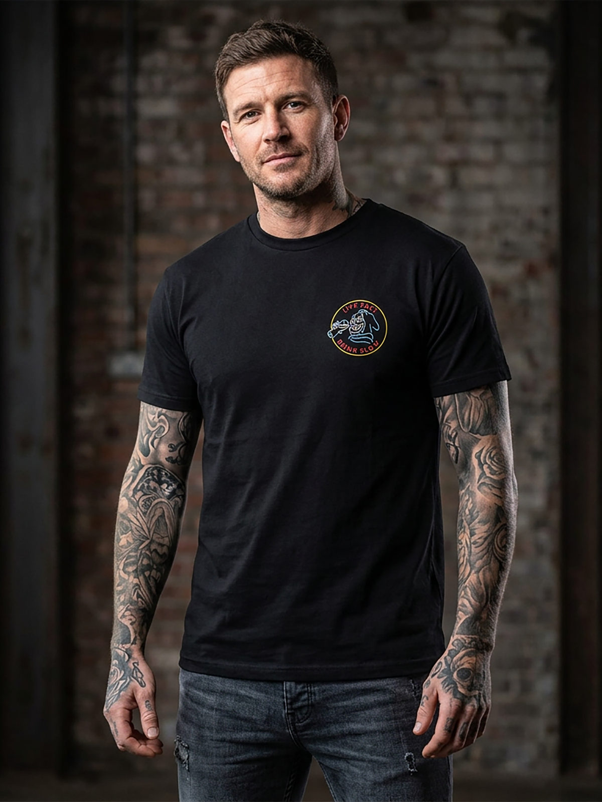 Last Call Co Drink Slow Graphic T-Shirt Black lifestyle front view showing the chest graphic