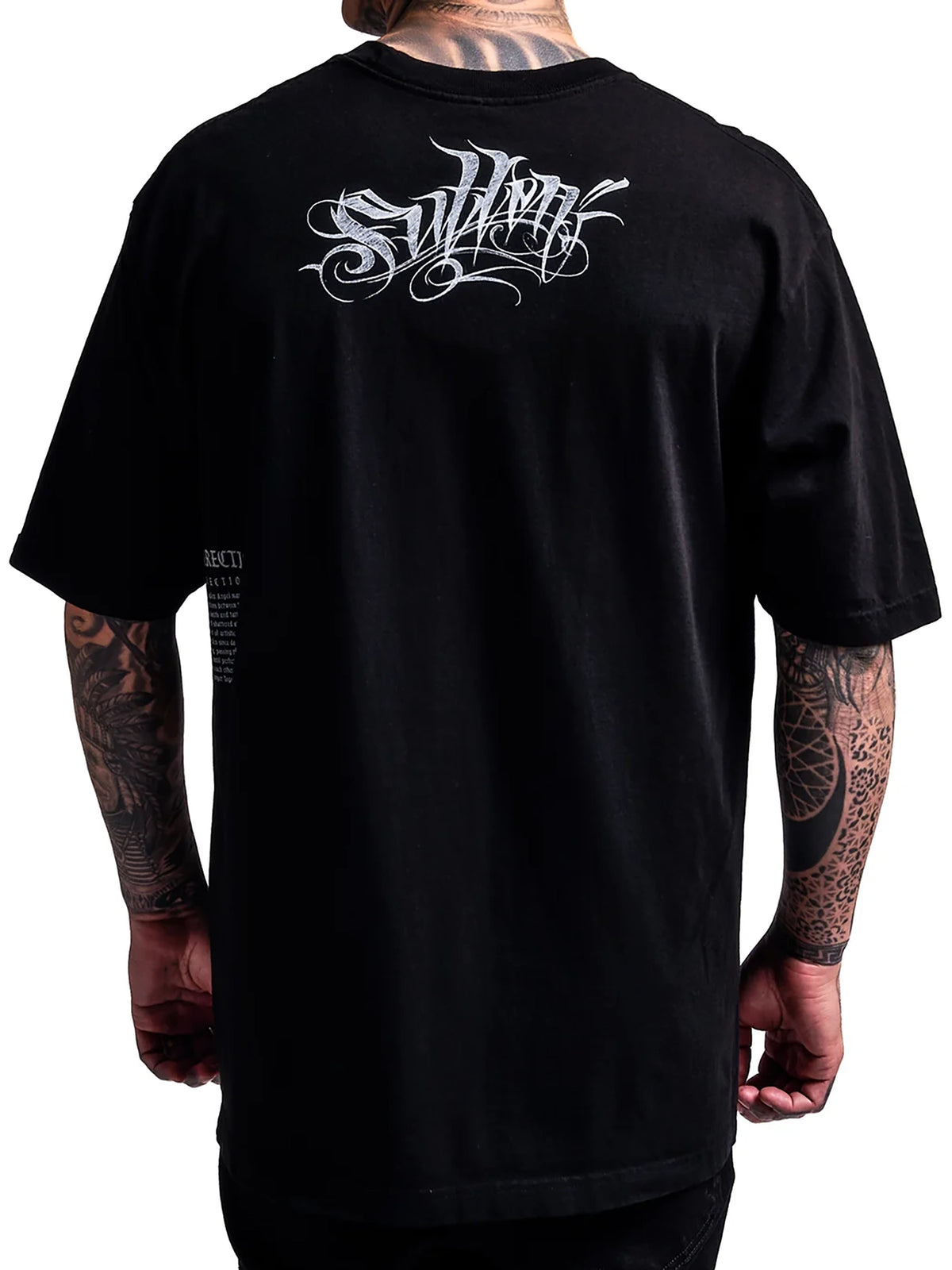 Sullen Fallen Angel 1 Ton heavyweight T-shirt in Jet Black, back view with script logo