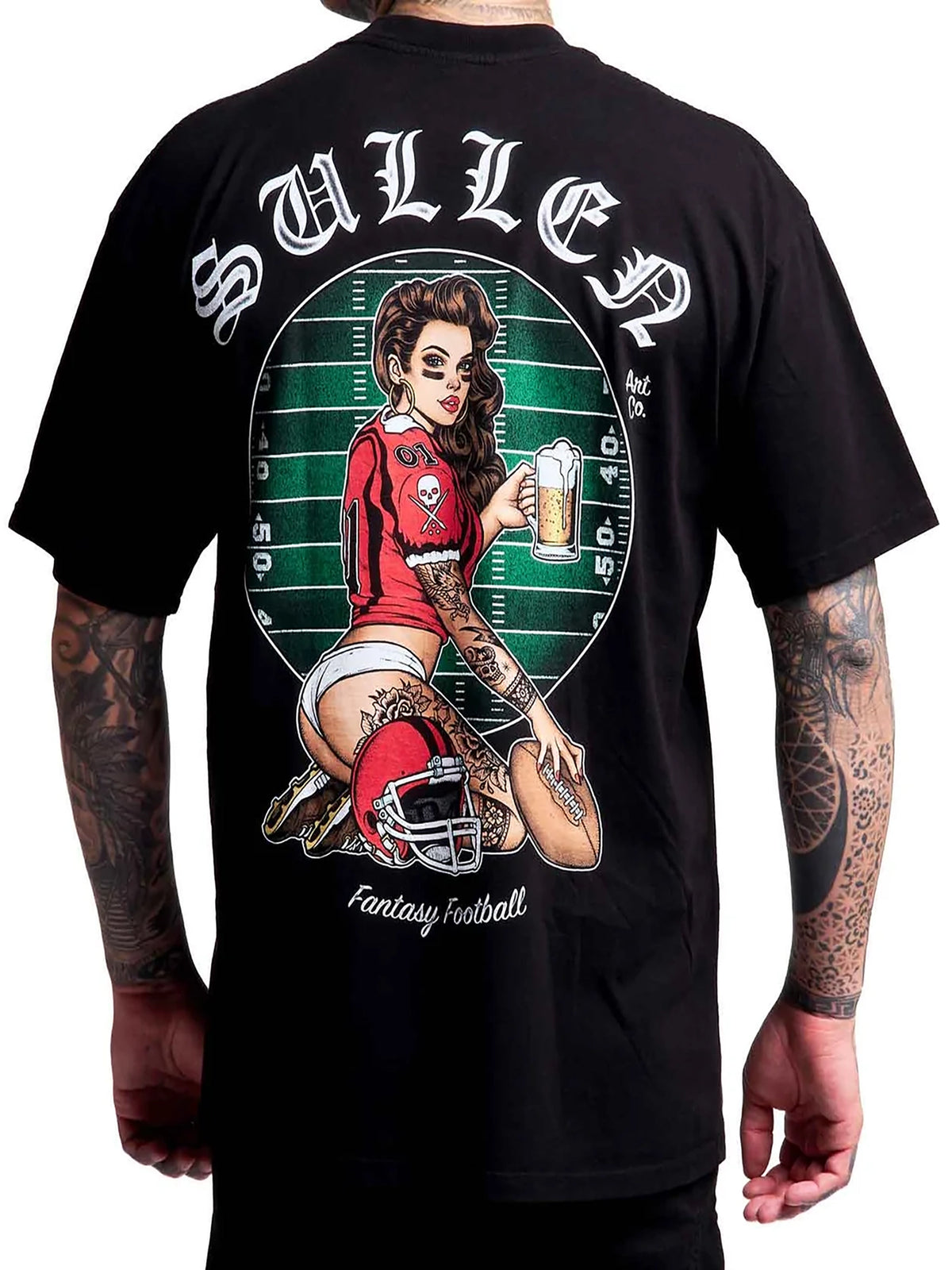Back view of Sullen Fantasy Football 1 Ton T-shirt with tattooed pin-up football artwork