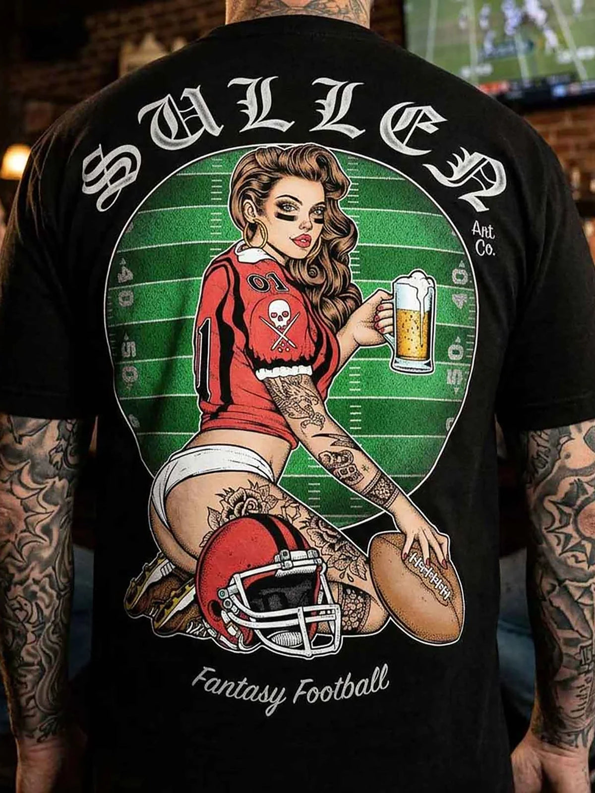 Lifestyle close-up of the Sullen Fantasy Football pin-up back graphic