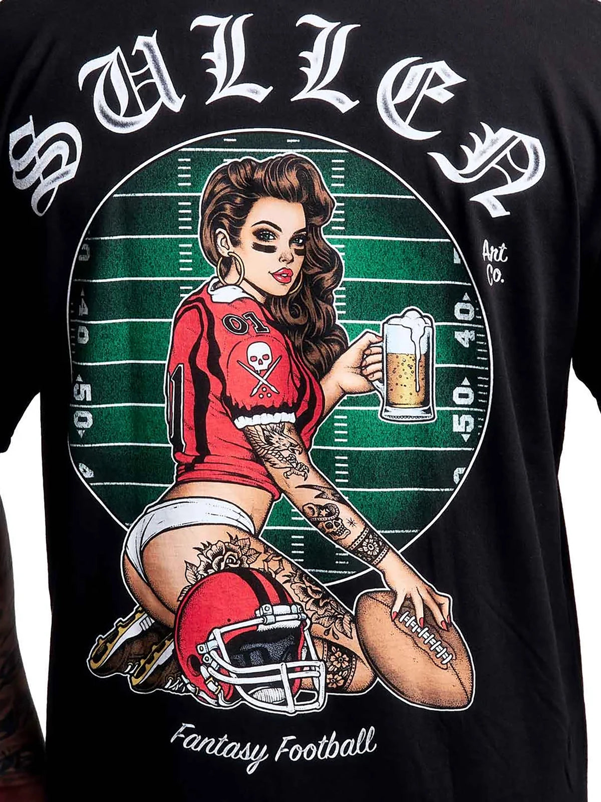 Close-up of the pin-up football back graphic on the Sullen Fantasy Football T-shirt