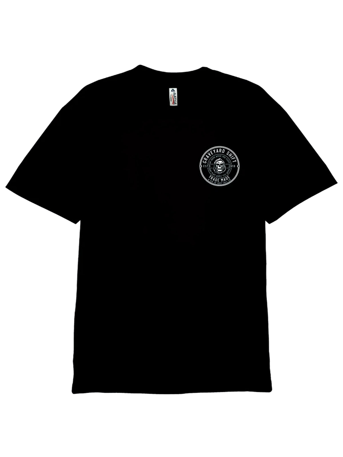 Last Call Co Graveyard Shift Trademade Graphic T-Shirt Black flat front view showing the chest graphic