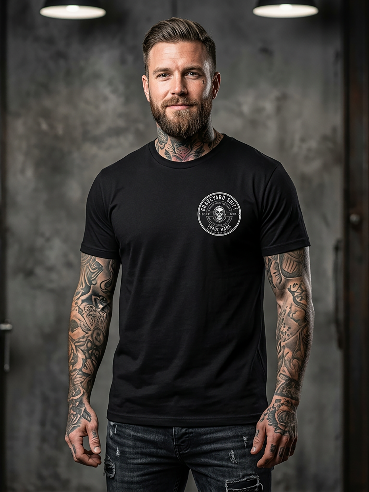 Last Call Co Graveyard Shift Trademade Graphic T-Shirt Black lifestyle front view showing the chest graphic