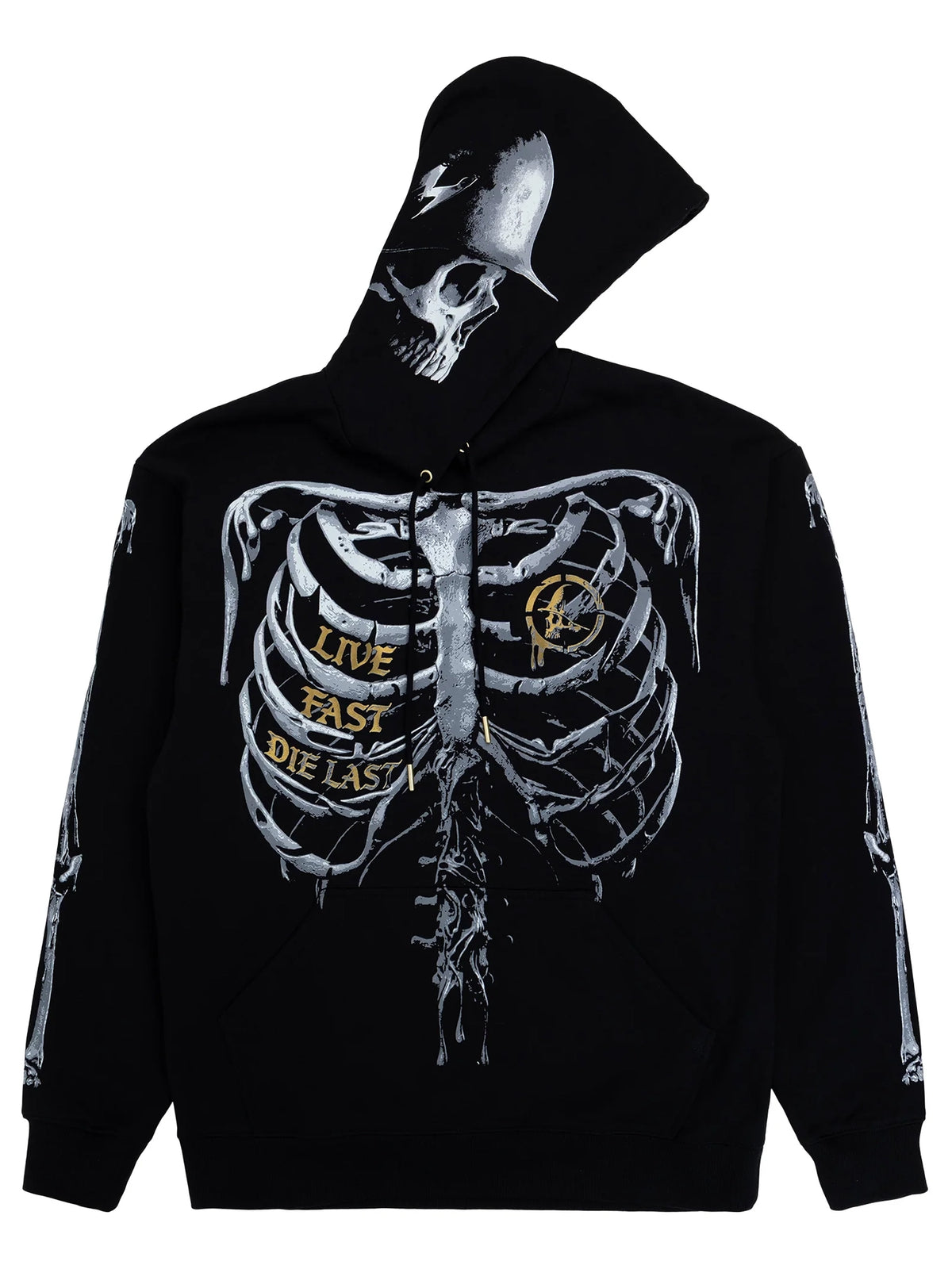 Metal Mulisha Grim black hoodie, front view with the hood tilted right to show skull artwork beside the rib-cage graphic