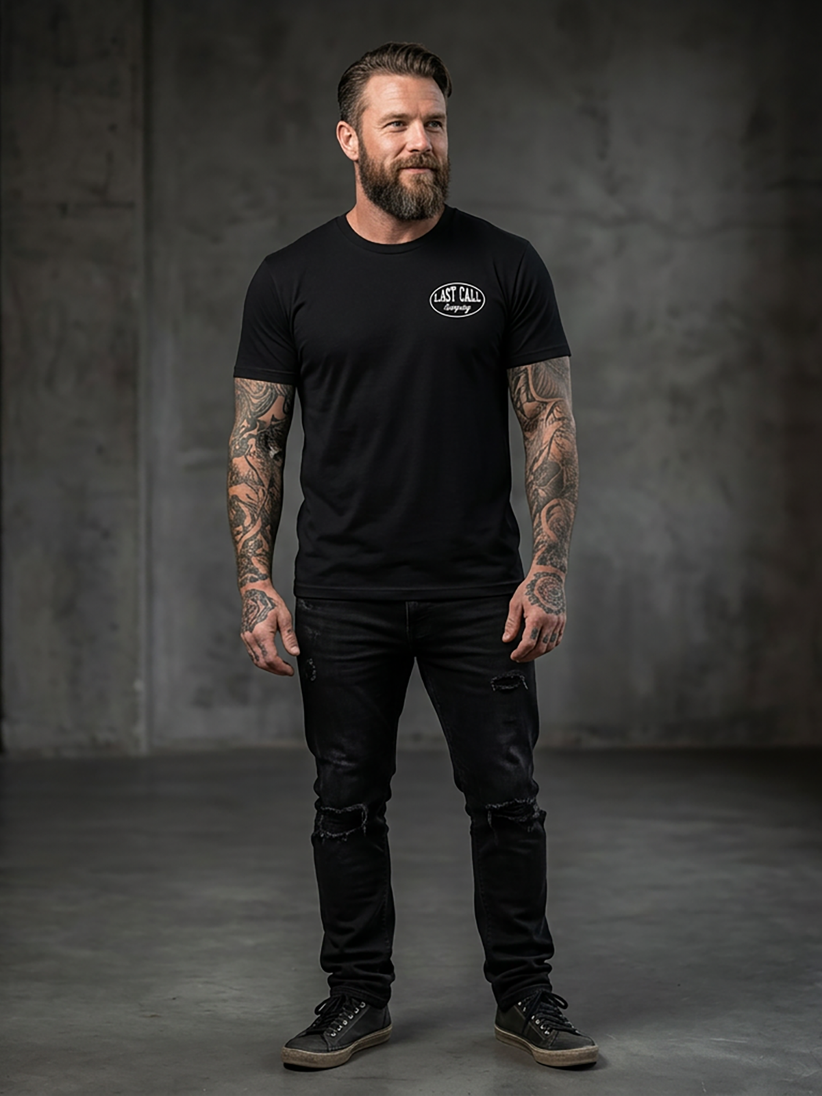 Last Call Co Hatch Graphic T-Shirt Black lifestyle front view showing the chest graphic