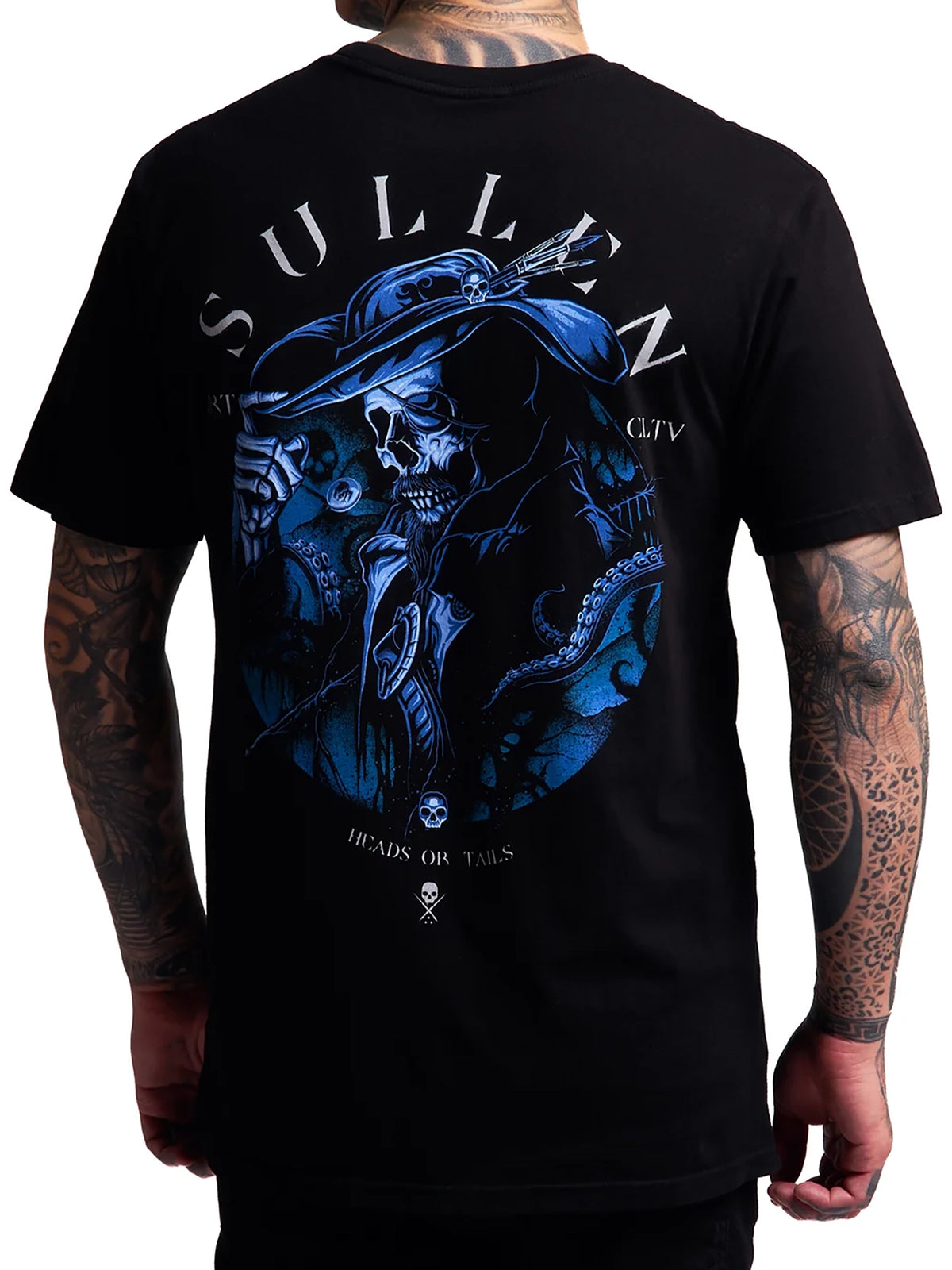 Sullen Heads or Tails Premium T-shirt in Jet Black, back view on model