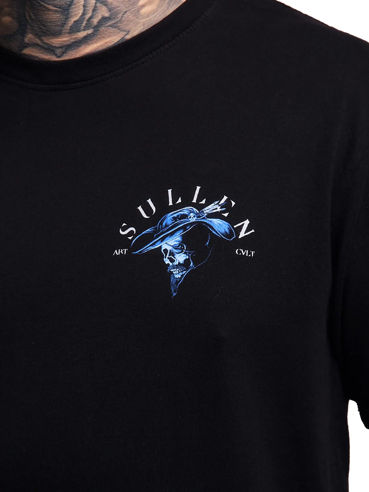 Sullen Heads or Tails blue pirate skull left-chest graphic close-up