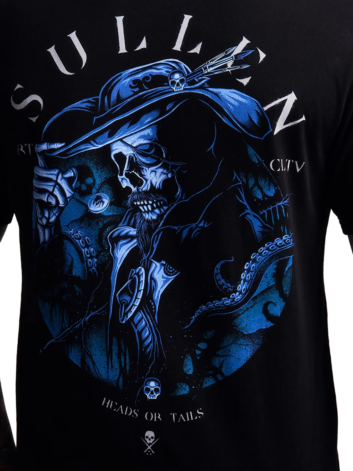 Sullen Heads or Tails blue pirate skull and tentacle back graphic close-up