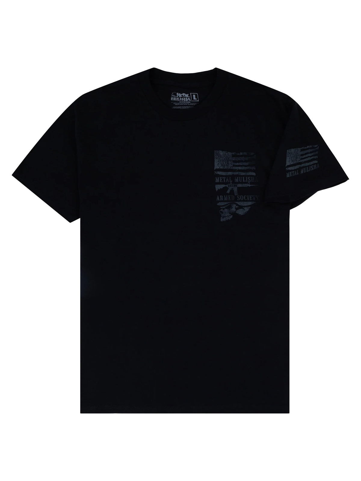 Metal Mulisha Liberty Div black T-shirt front and sleeve graphic detail