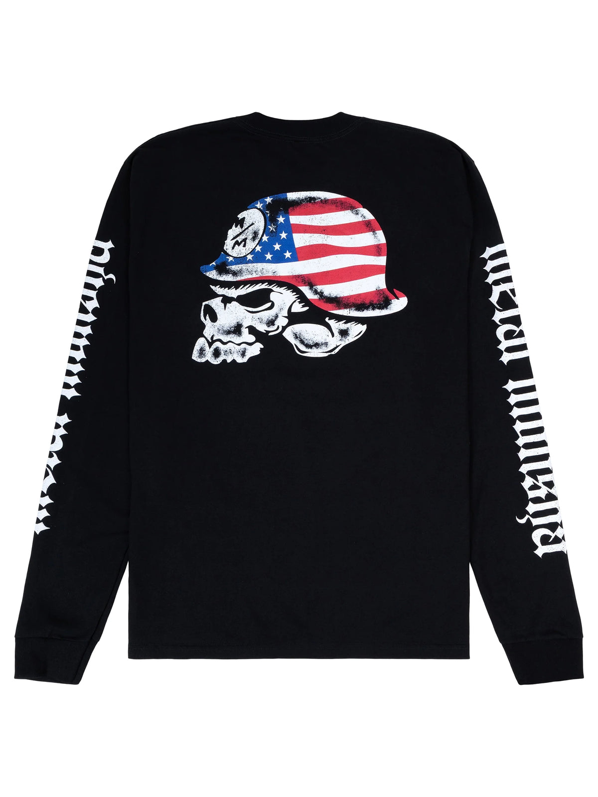 Metal Mulisha Liberty Skull black long sleeve T-shirt, back view with American flag helmet skull and white sleeve lettering