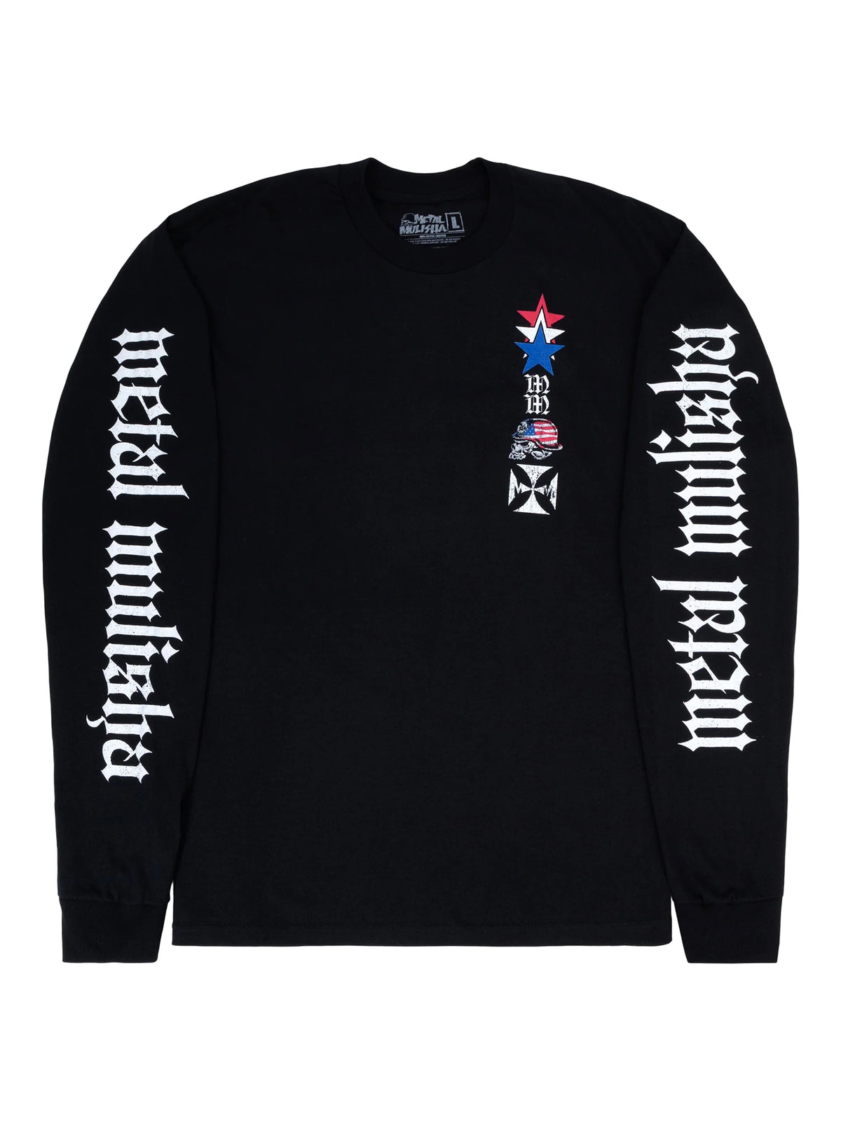 Metal Mulisha Liberty Skull black long sleeve T-shirt, front view with both sleeves spread to show white Metal Mulisha lettering