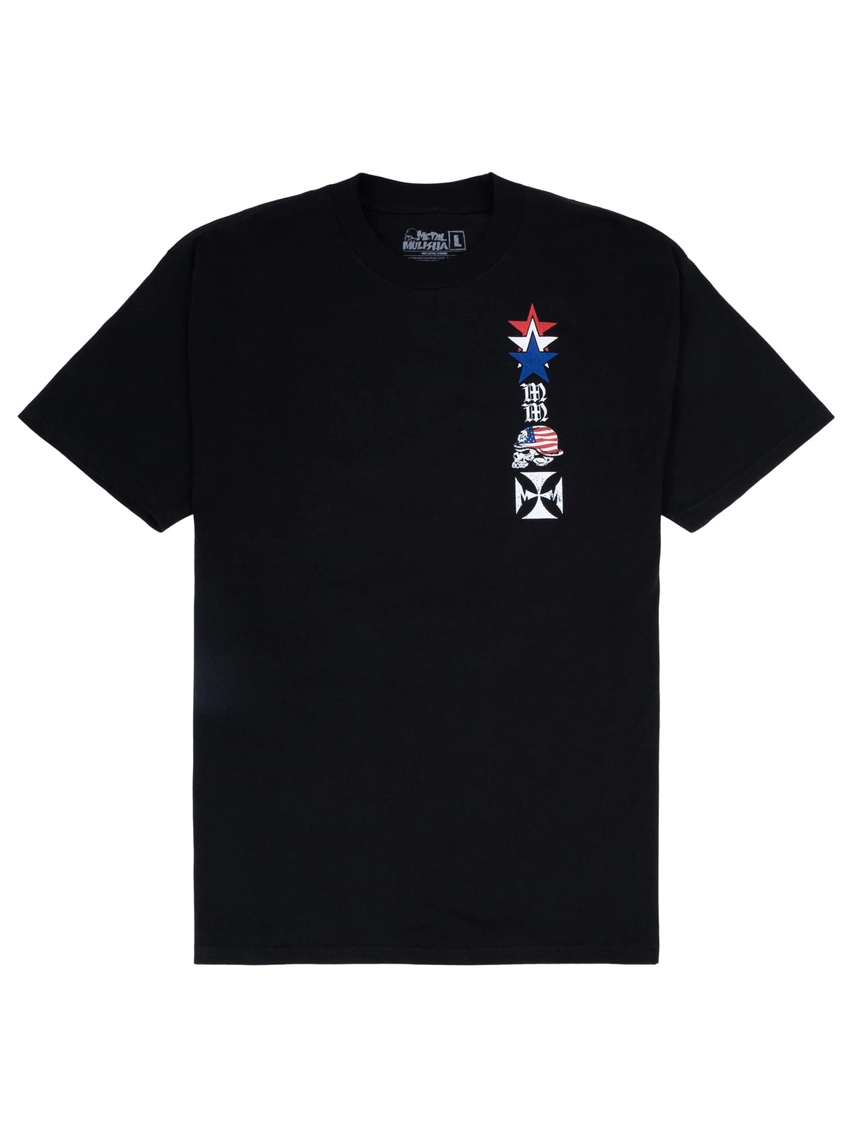 Metal Mulisha Liberty Skull T-shirt in black, front view with a small red, white and blue star and skull chest design