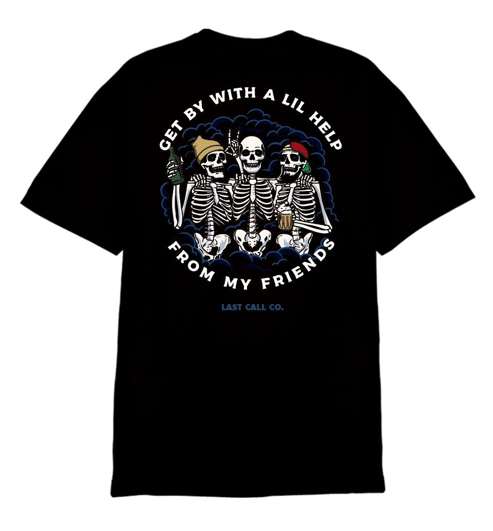 Last Call Co Lil Help Graphic T-shirt in Black, back view with skeleton friends artwork