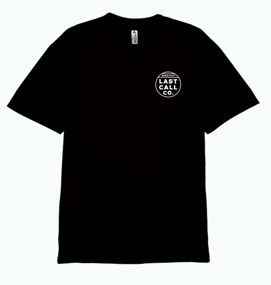 Last Call Co Lil Help Graphic T-shirt in Black, front view with white chest artwork