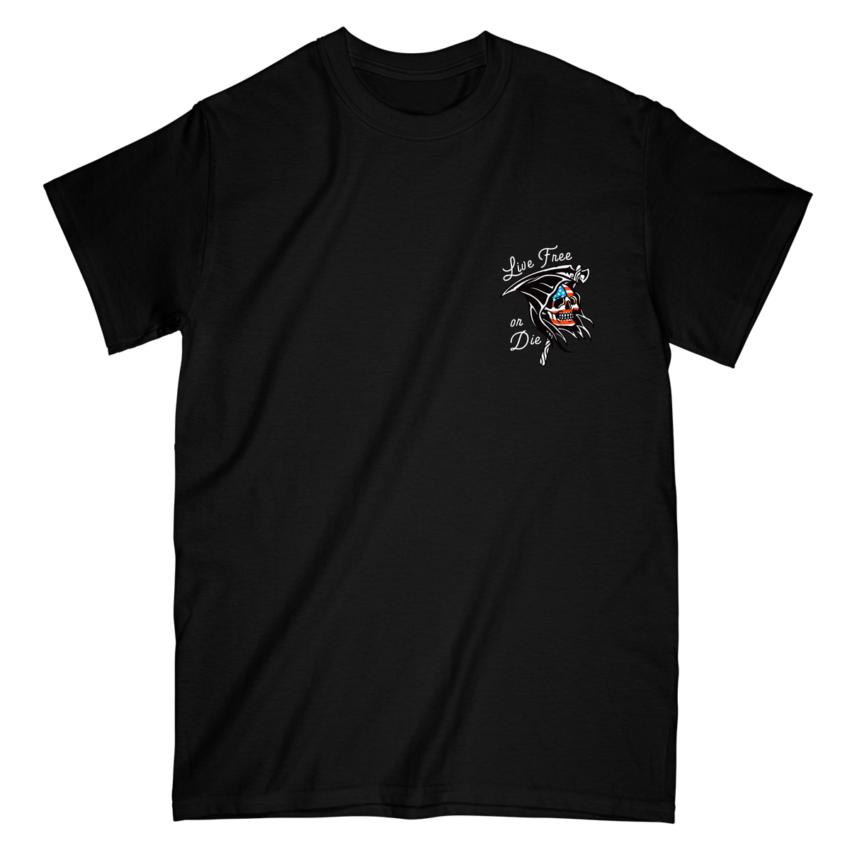 Last Call Co Live Free Graphic T-shirt in Black, front view with white chest artwork