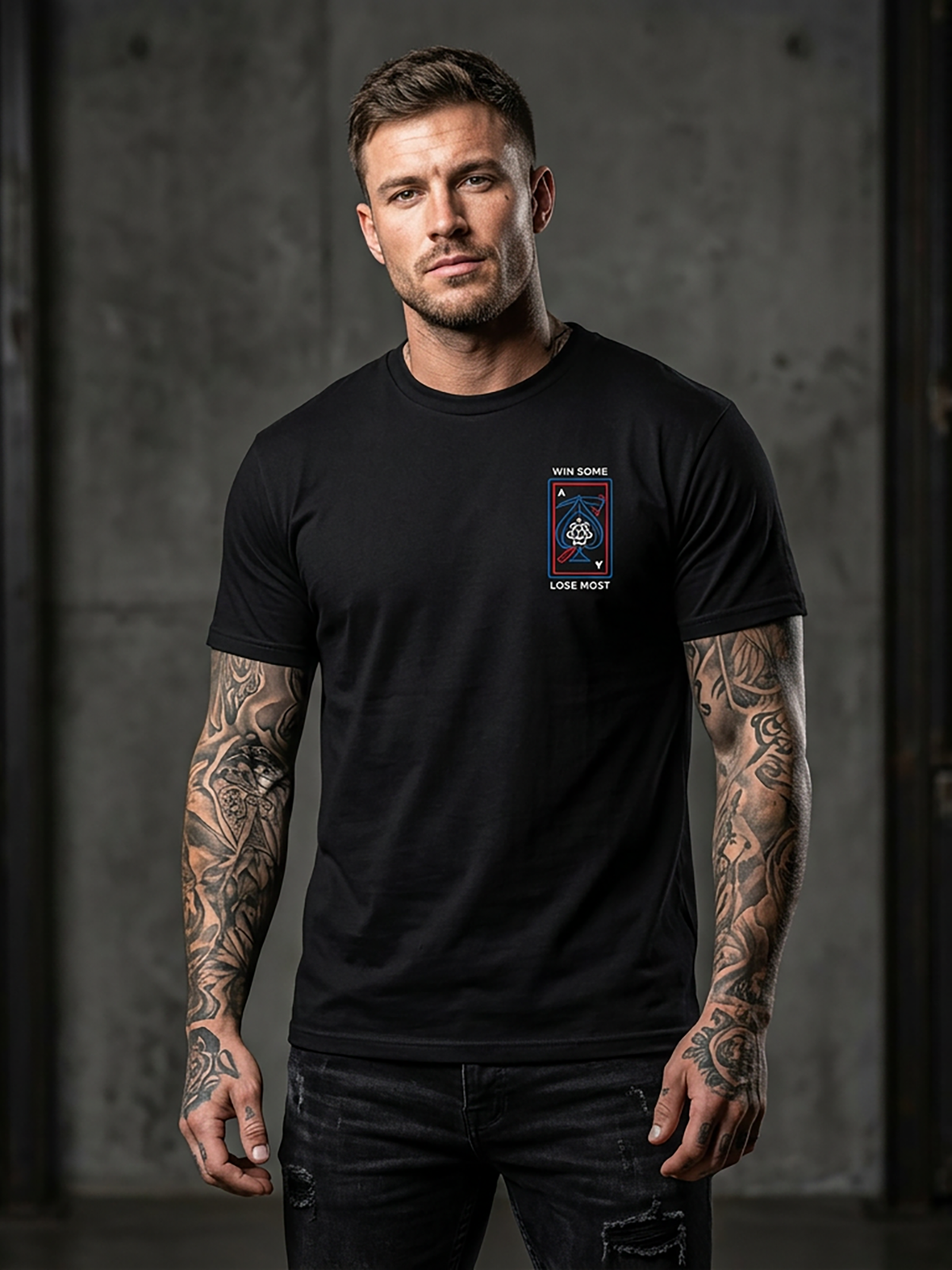 Last Call Co Lose Most Graphic T-Shirt Black lifestyle front view showing the chest graphic