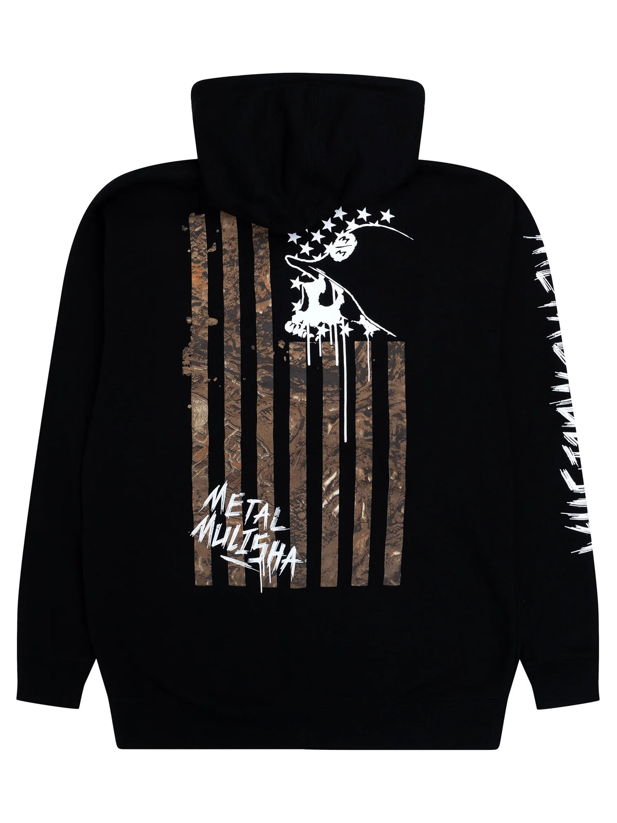 Metal Mulisha Lost Flag black zip hoodie, back view with camo-toned flag stripes and a white helmet skull, hood lowered