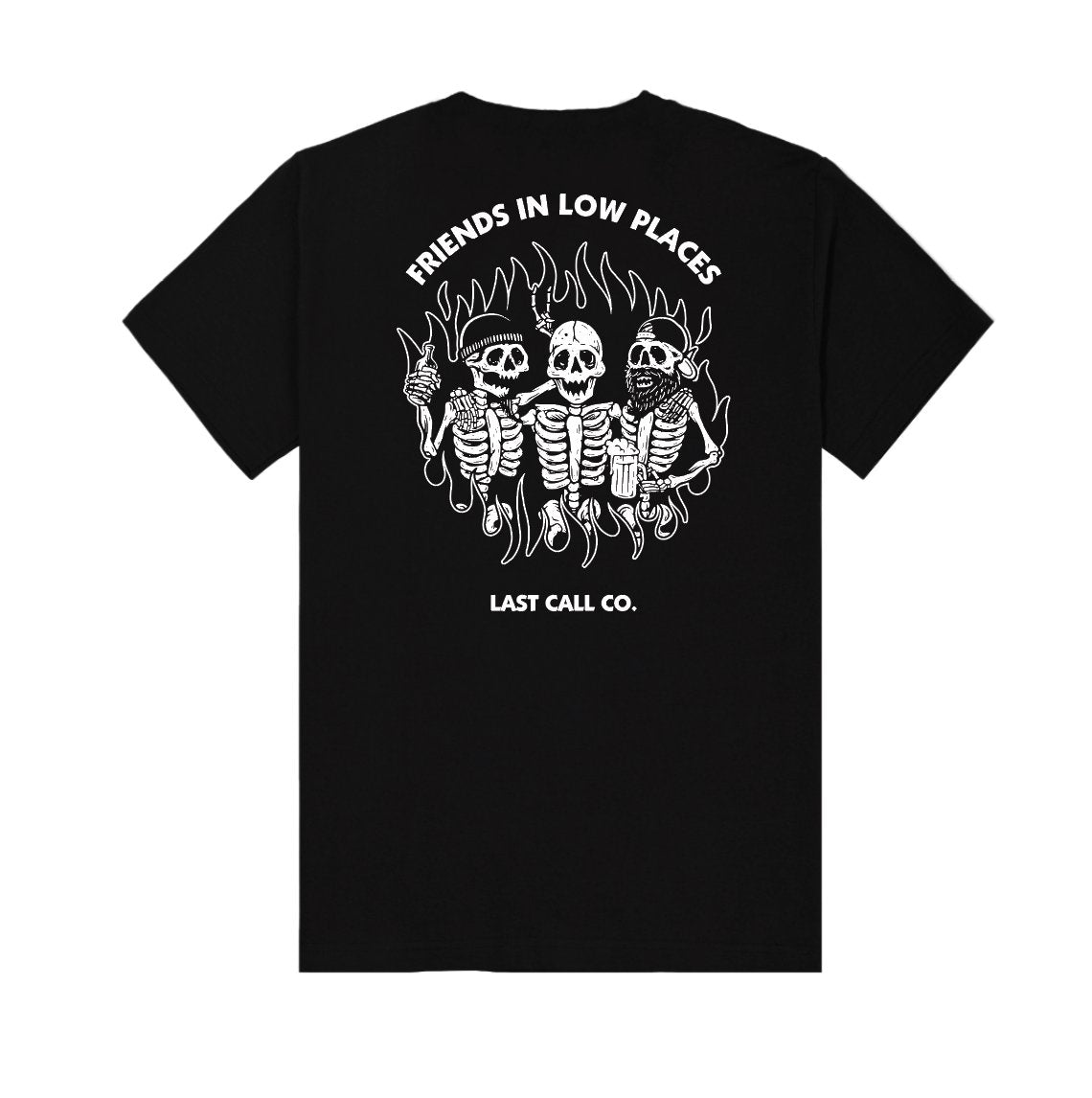 Last Call Co Low Places Graphic T-shirt in Black, back view with skeleton friends and Friends in Low Places artwork