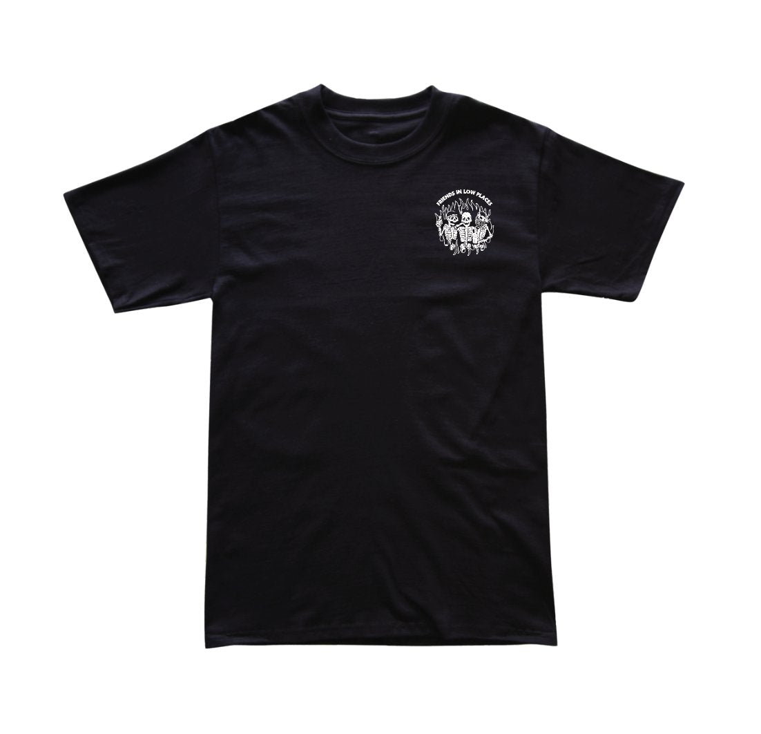Last Call Co Low Places Graphic T-shirt in Black, front view with white chest artwork