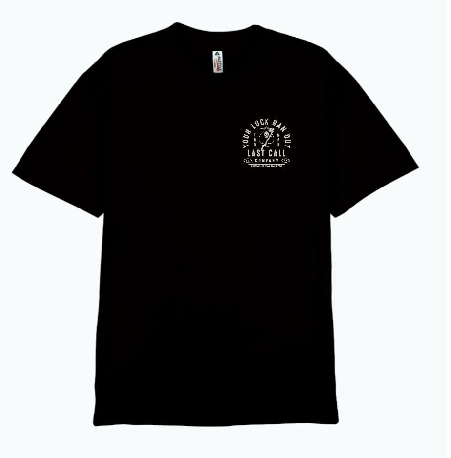 Last Call Co Luck Badge Graphic T-shirt in Black, front view with horseshoe chest logo