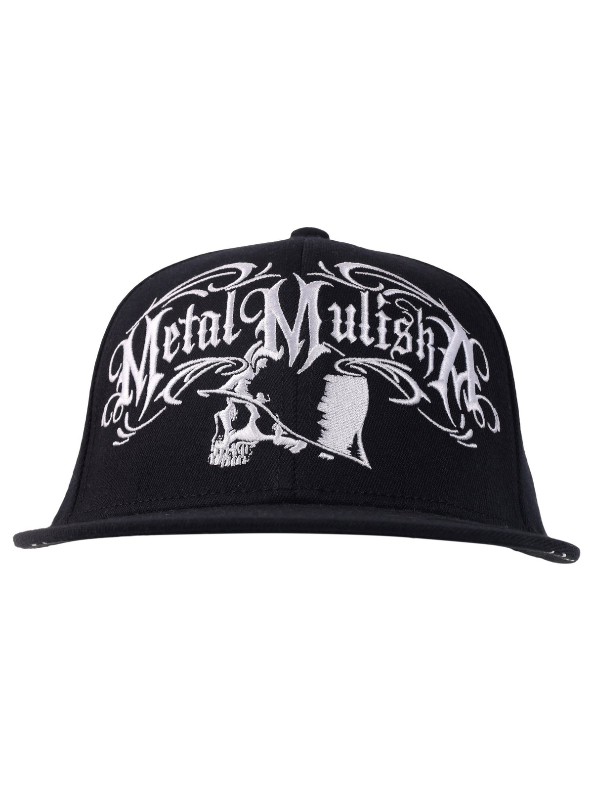 Metal Mulisha Intricate Snapback Hat in black, side profile with white embroidery